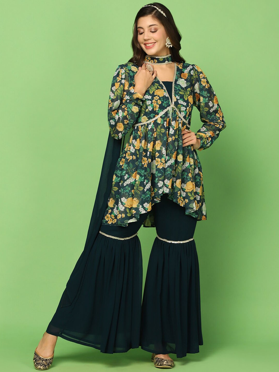 

FASHION DREAM Floral Printed Sequinned Empire Kurti With Sharara & Dupatta, Green