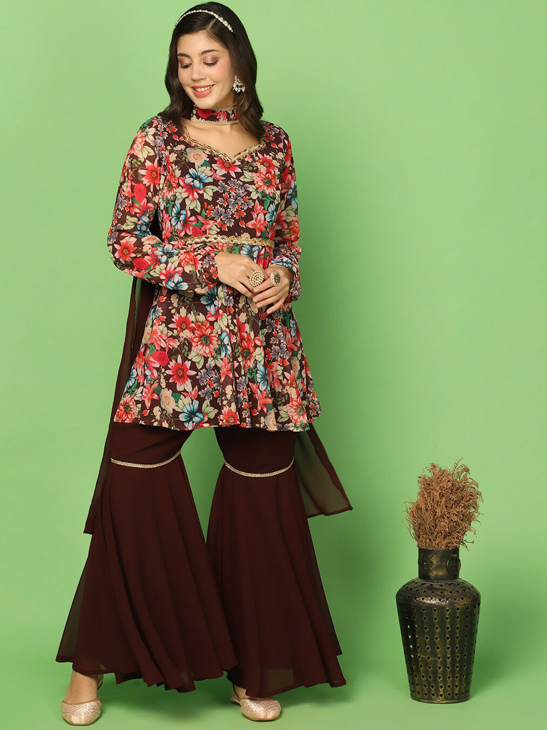 

FASHION DREAM Floral Printed Sequinned Empire Kurta With Sharara & Dupatta, Coffee brown