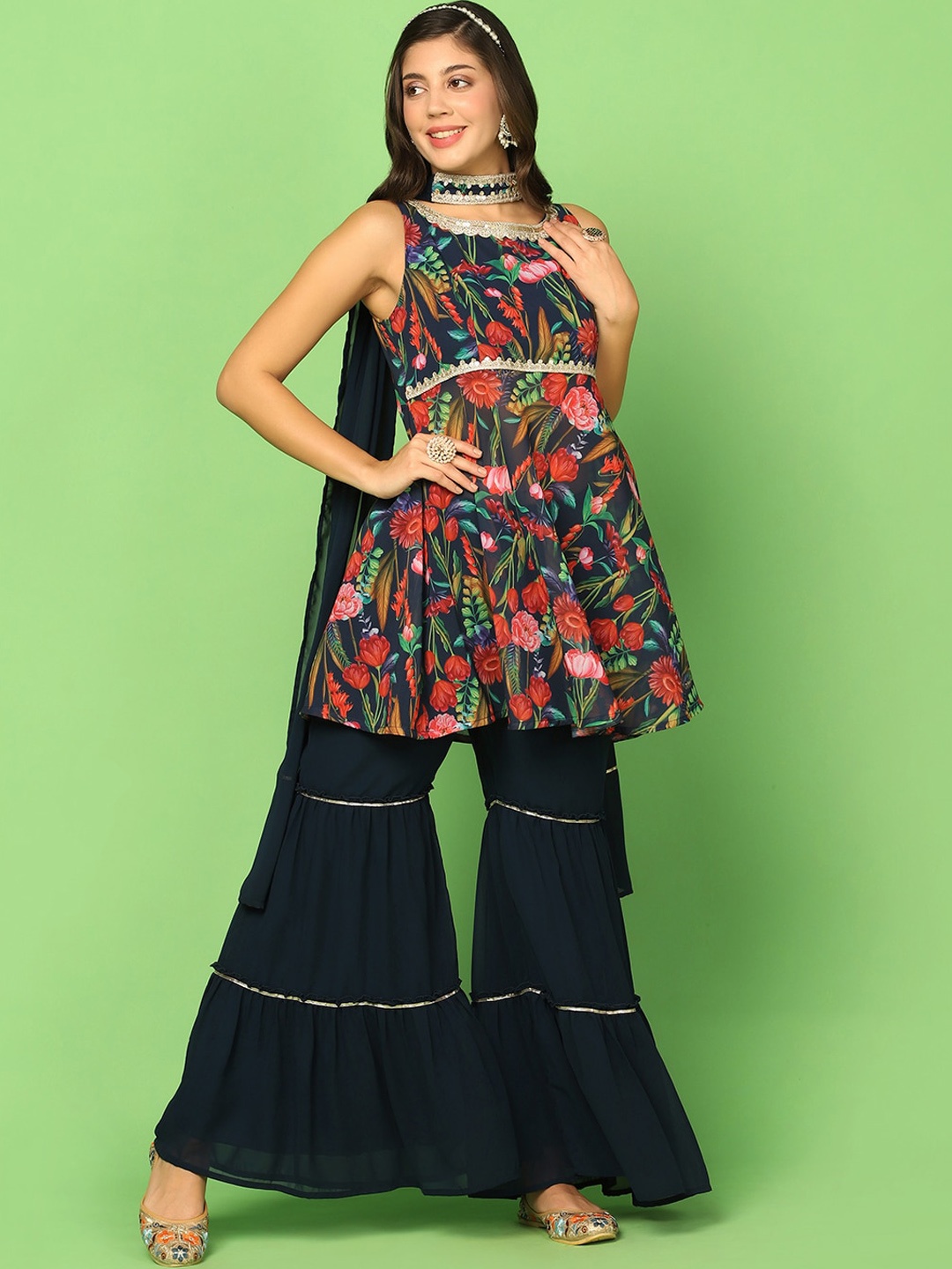 

FASHION DREAM Floral Printed Regular Georgette Kurta With Sharara & Dupatta, Navy blue