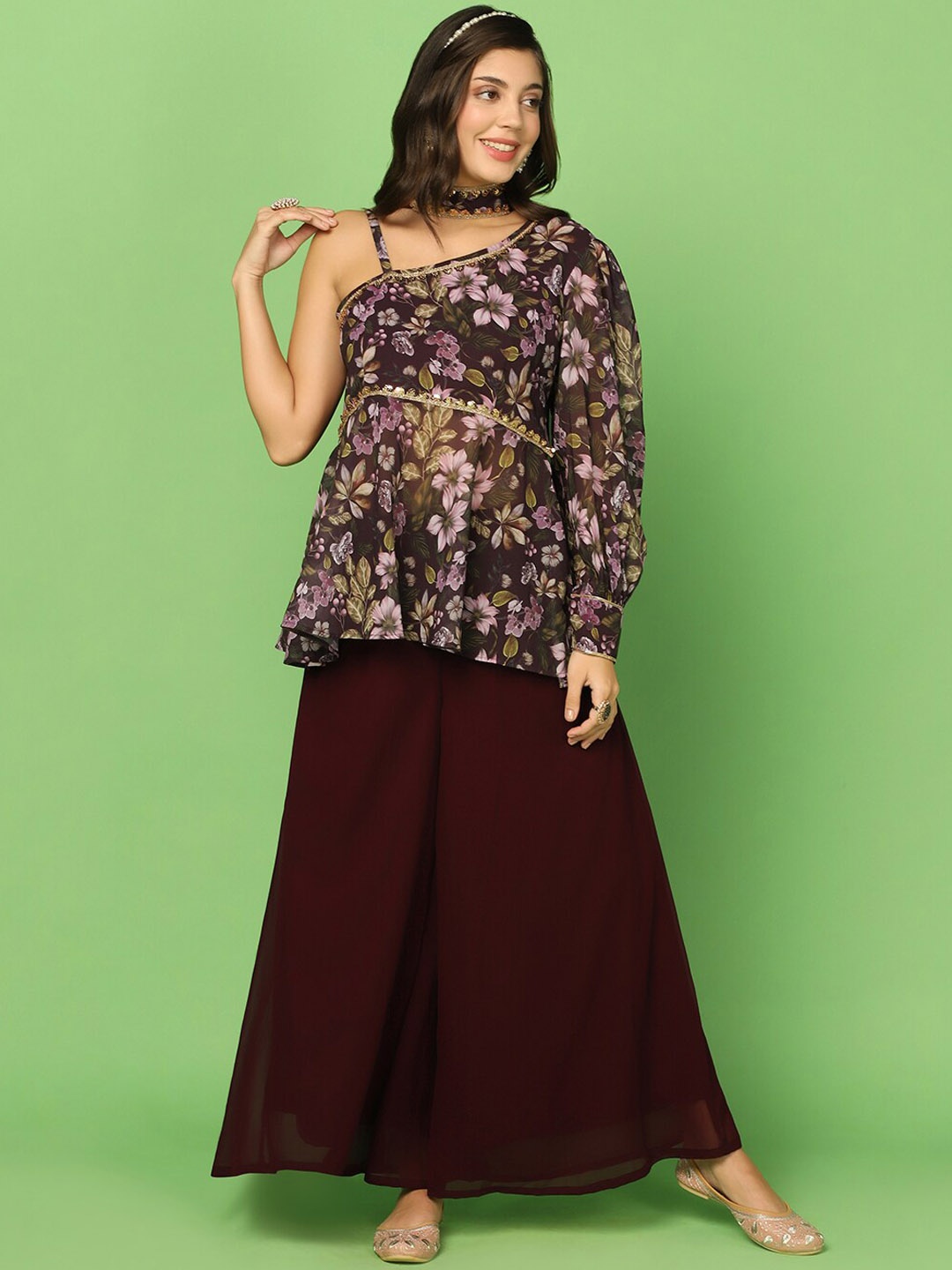 

FASHION DREAM Floral Printed Regular Kurti With Palazzos & Dupatta, Burgundy