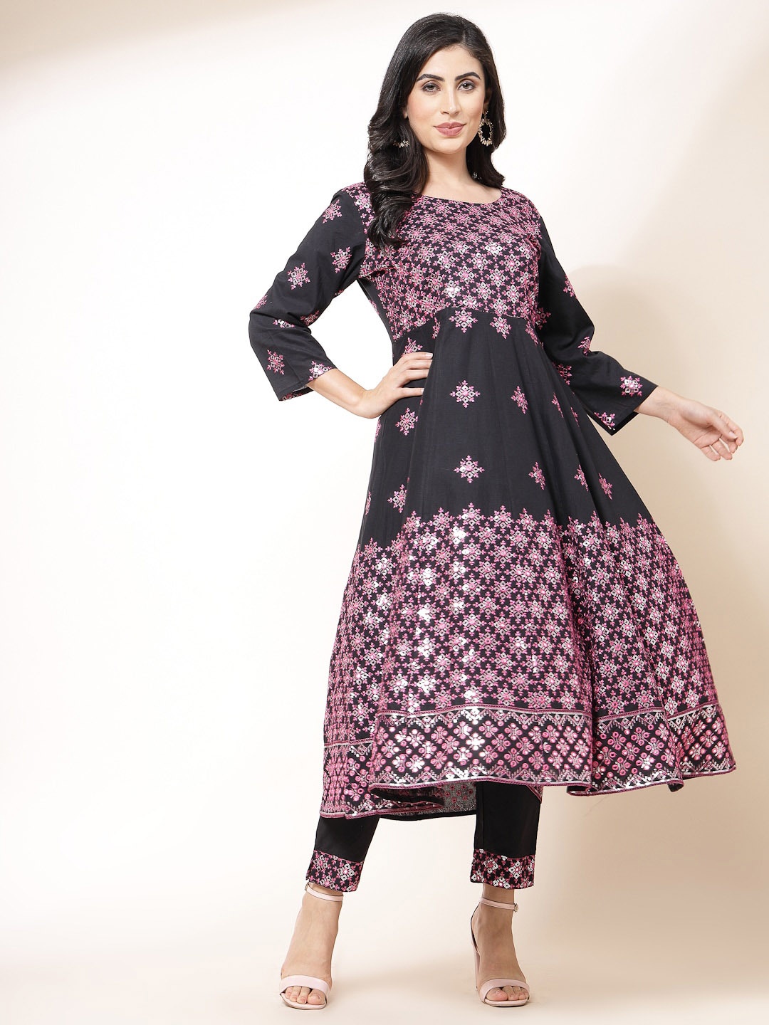 

Sangria Embroidered Yoke Design Sequinned Cotton Anarkali Kurta & Trousers With Dupatta, Black