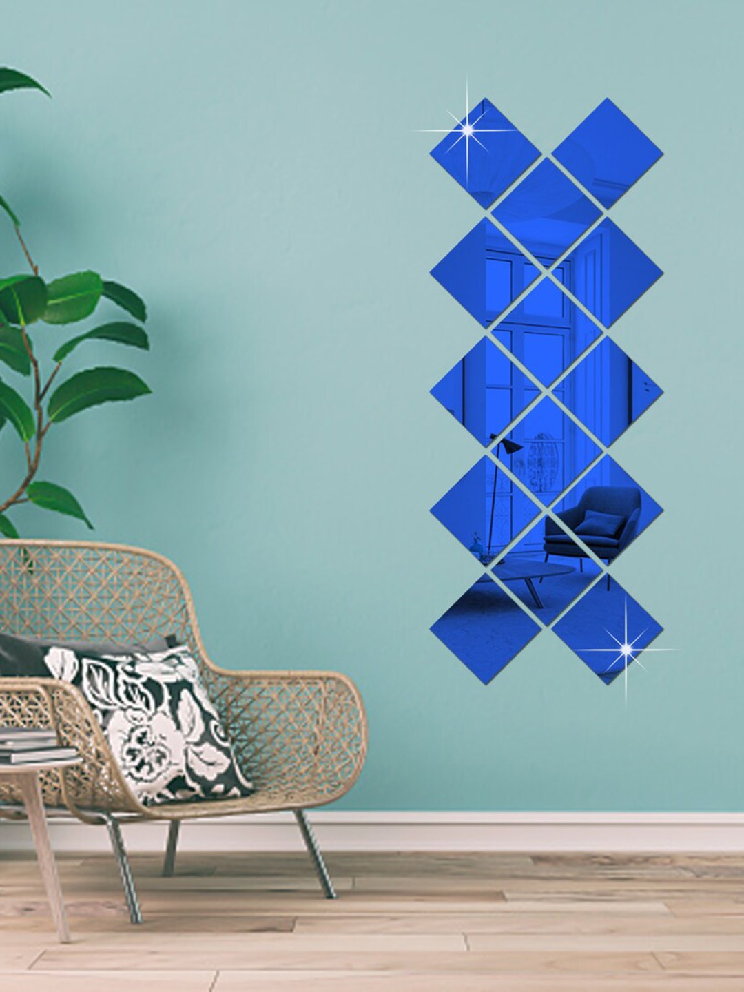 

WallDaddy 14 Pcs Blue Square Mirror Wall Stickers