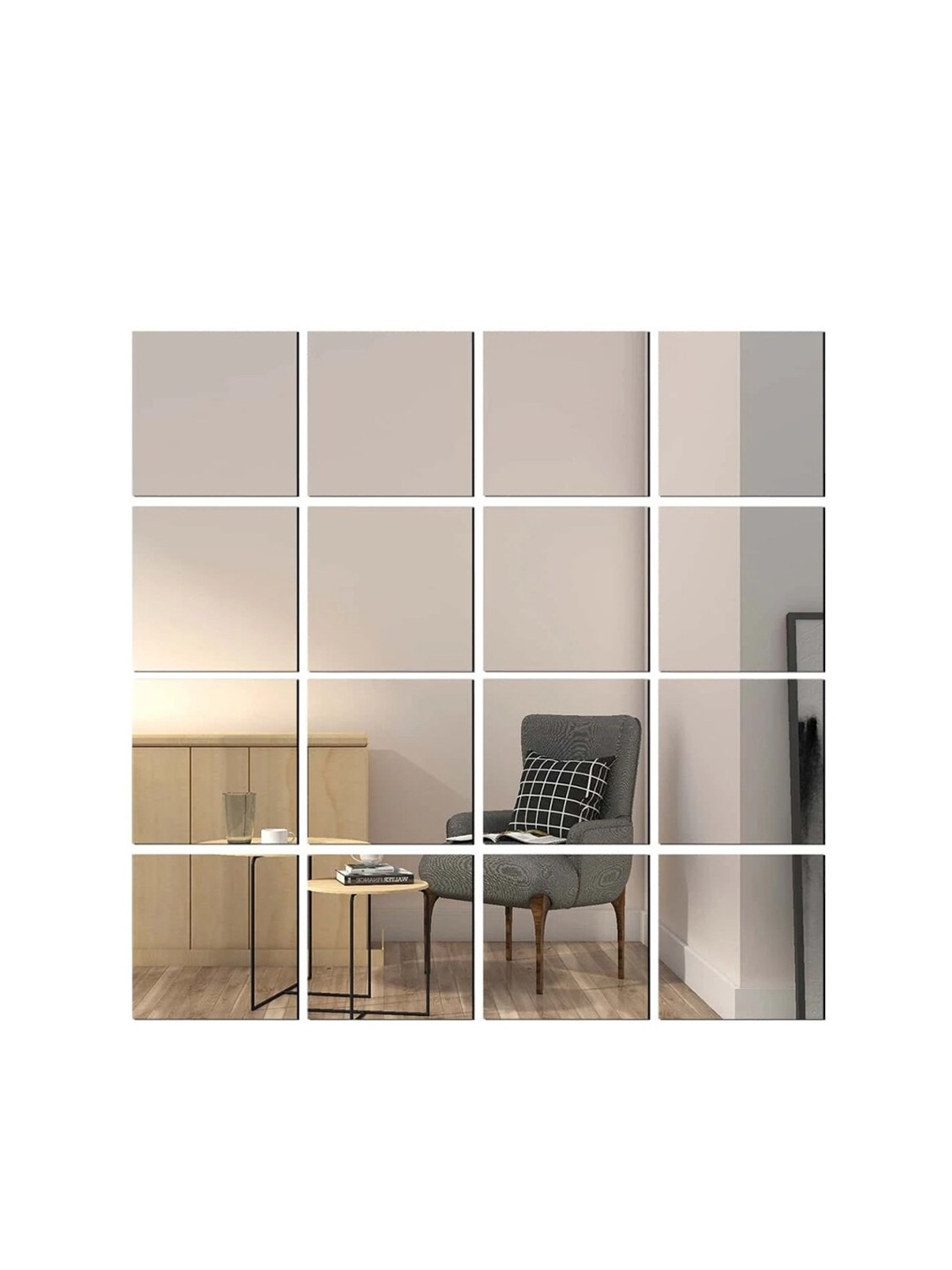

WallDaddy 16 Pcs Silver-Toned Square Mirror Wall Stickers