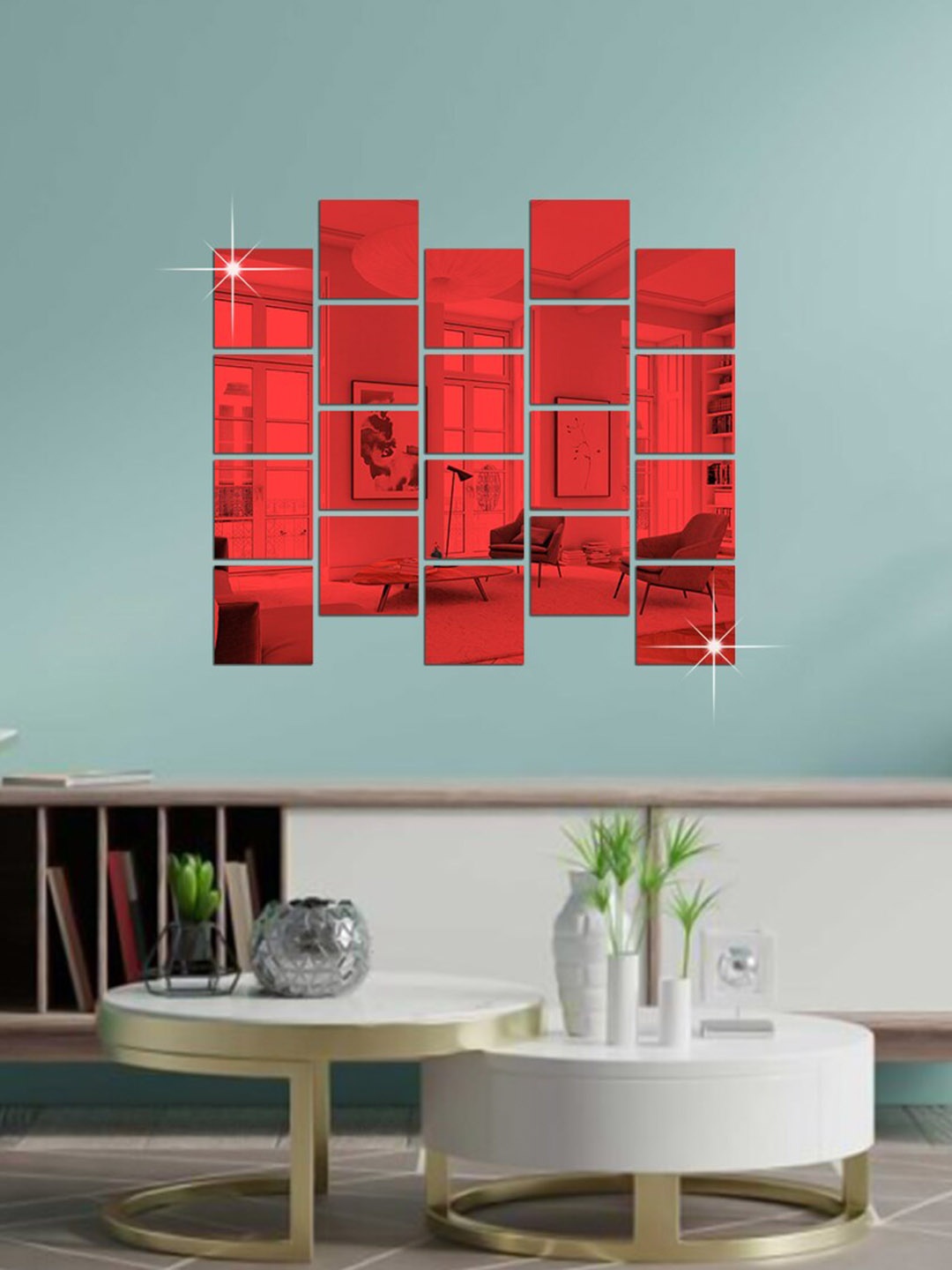 

WallDaddy Red 20 Pieces Square Design Mirror Wall Stickers