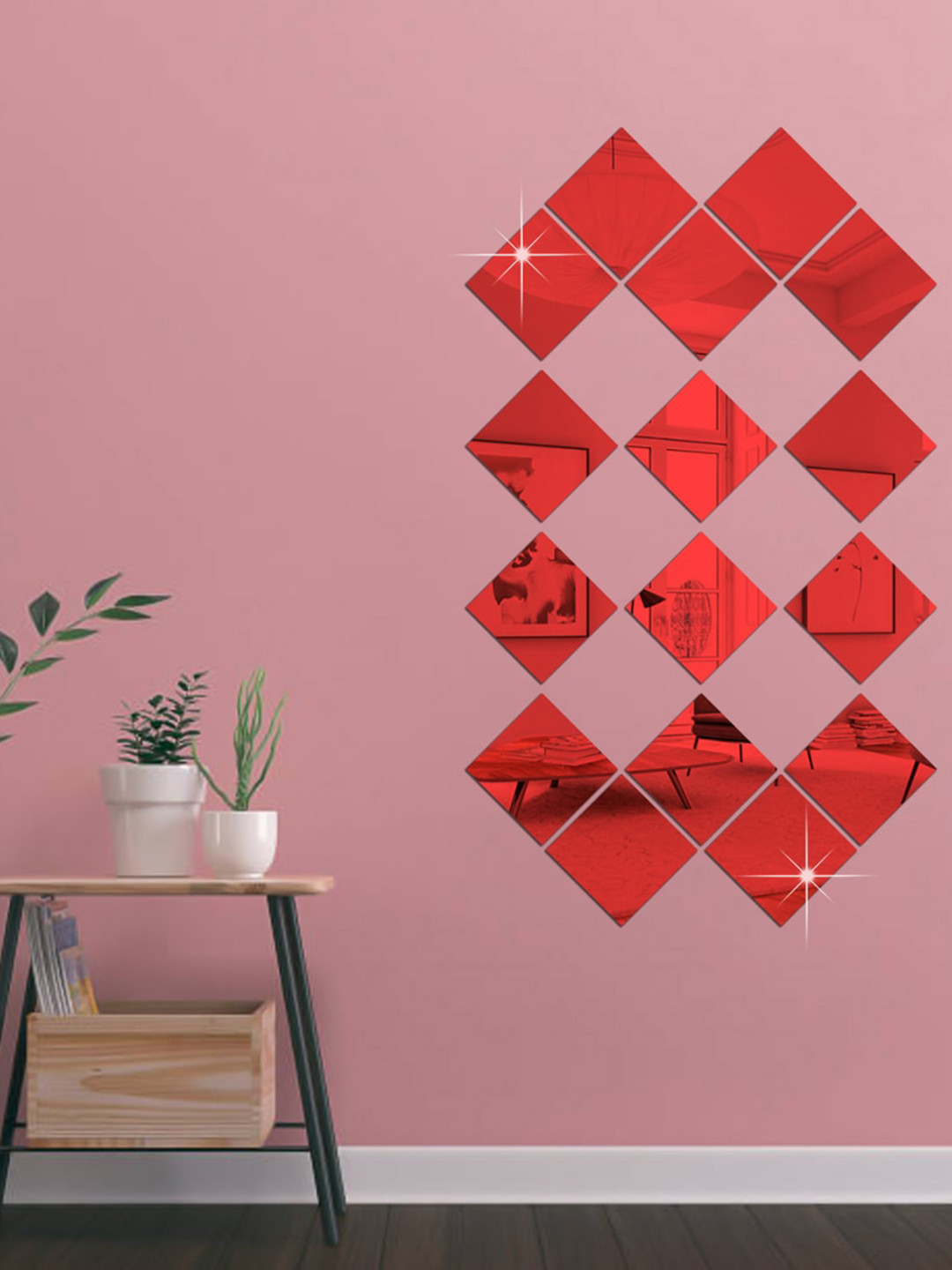 

WallDaddy Red 16 Pieces Square Mirror Wall Stickers