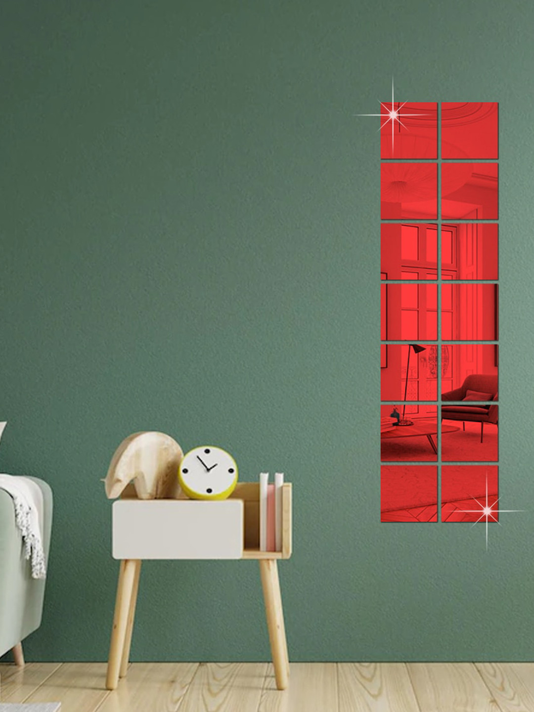 

WallDaddy Red 14 Pieces Square Design Mirror Wall Stickers