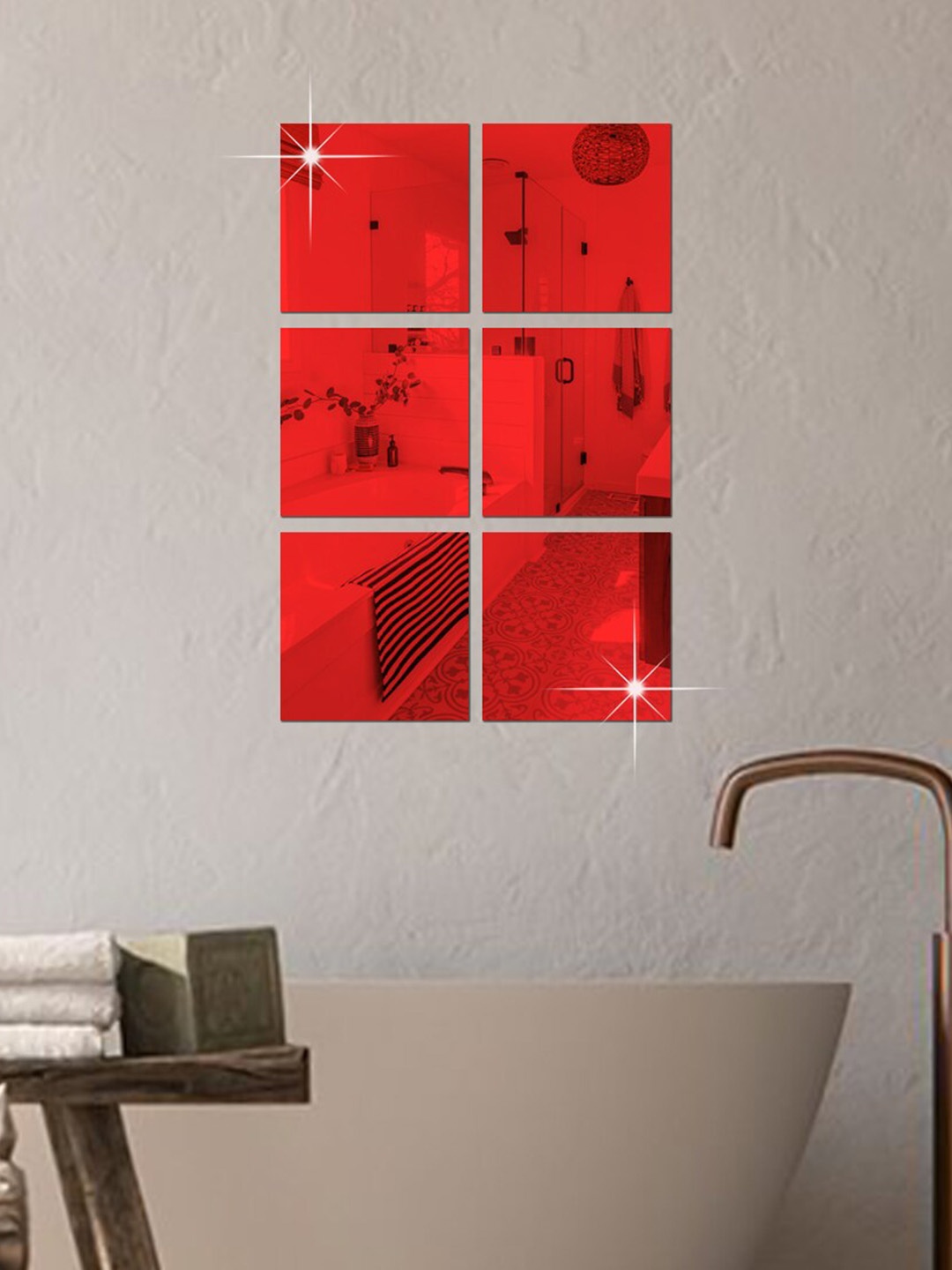 

WallDaddy Red 6 Pieces Square Design Mirror Wall Stickers