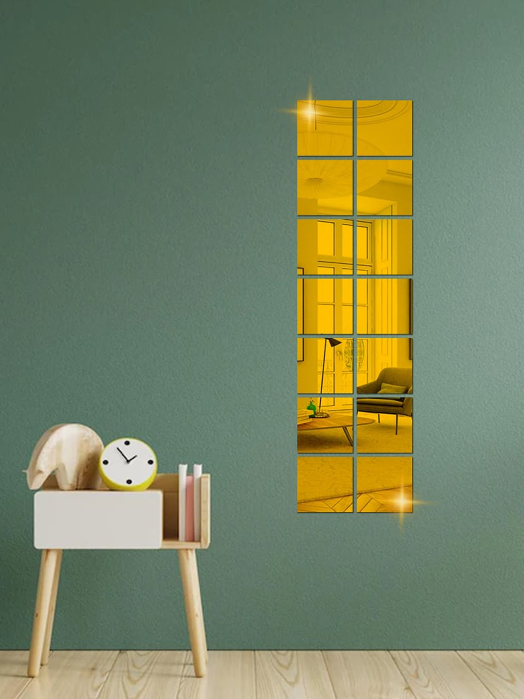 

WallDaddy Gold Toned 14 Pieces Self-Adhesive Square Mirror Wall Stickers