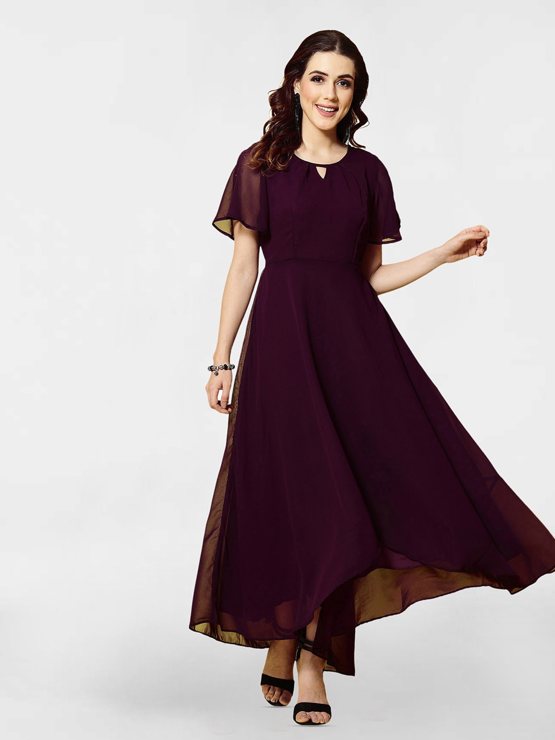 

Selvia Keyhole Neck Flared Sleeve Georgette Maxi Dress, Purple