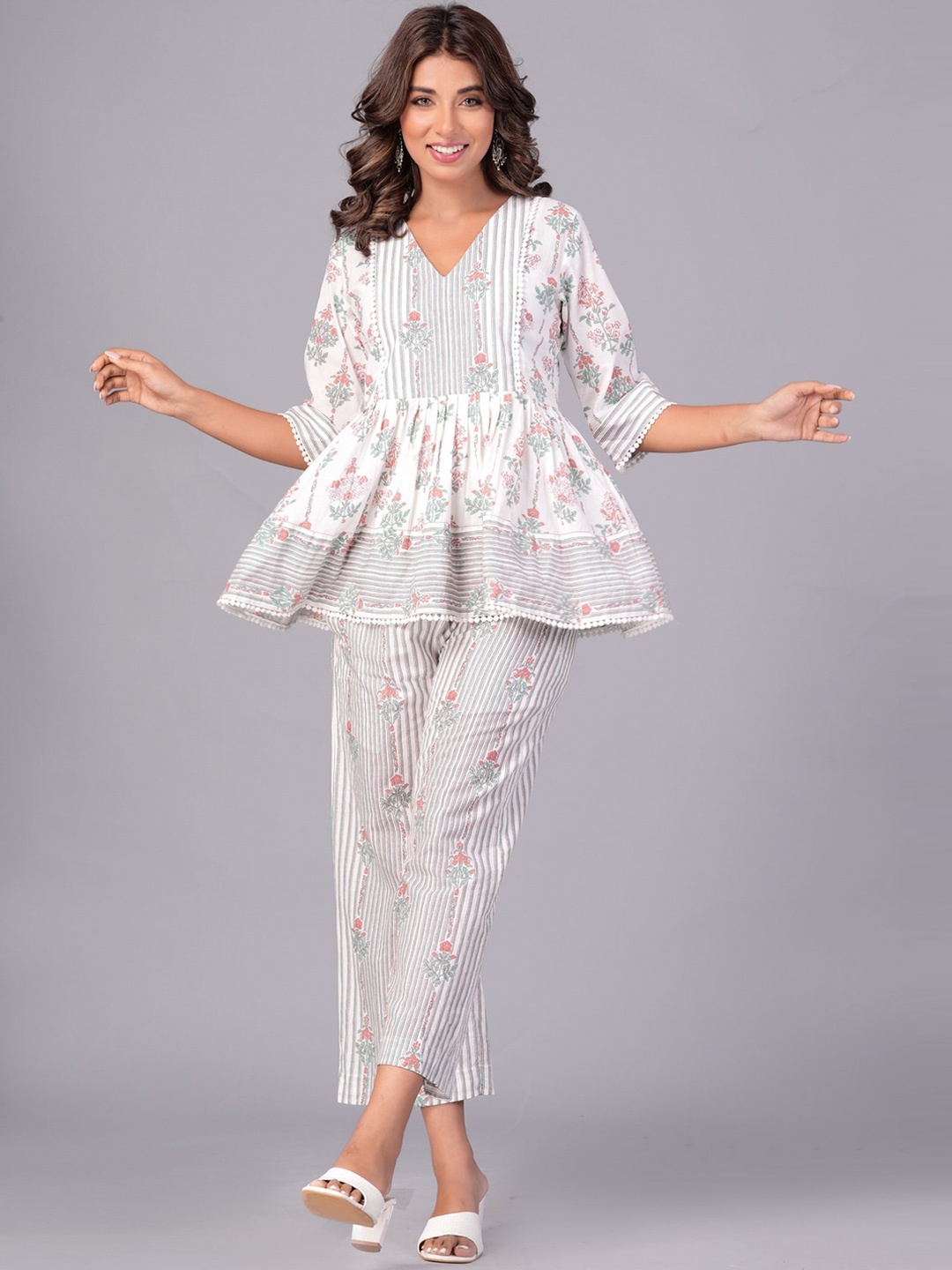 

EtnicaWear Floral Printed Pure Cotton Top With Palazzos Set, White