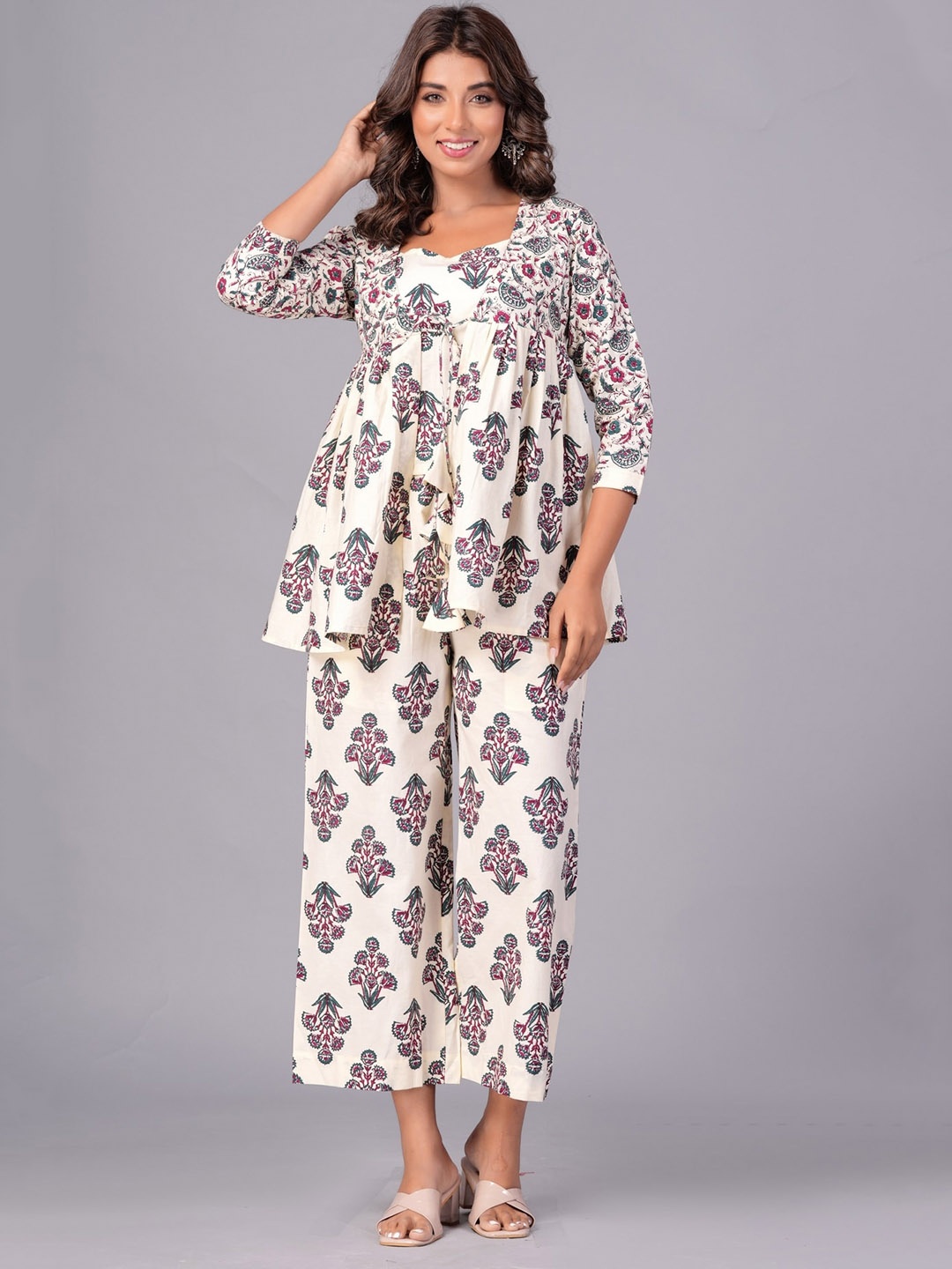 

EtnicaWear Floral Printed Pure Cotton Top with Palazzo & Jacket, Cream