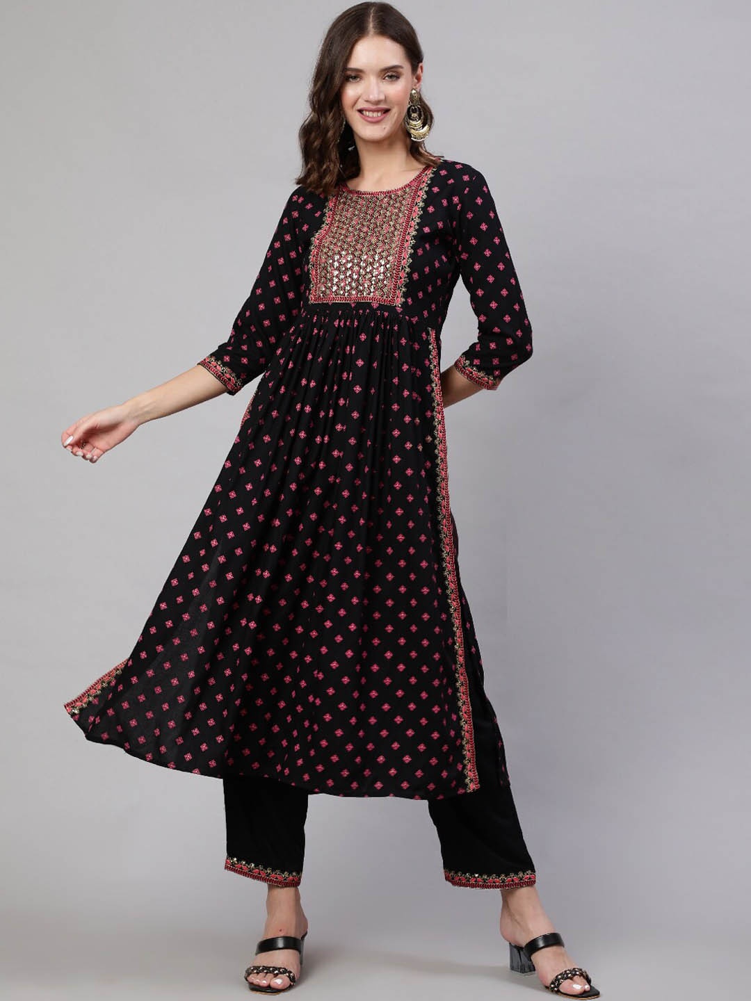 

NISHABD Ethnic Motifs Printed High Slit A-Line Sequinned Kurta With Palazzos, Black