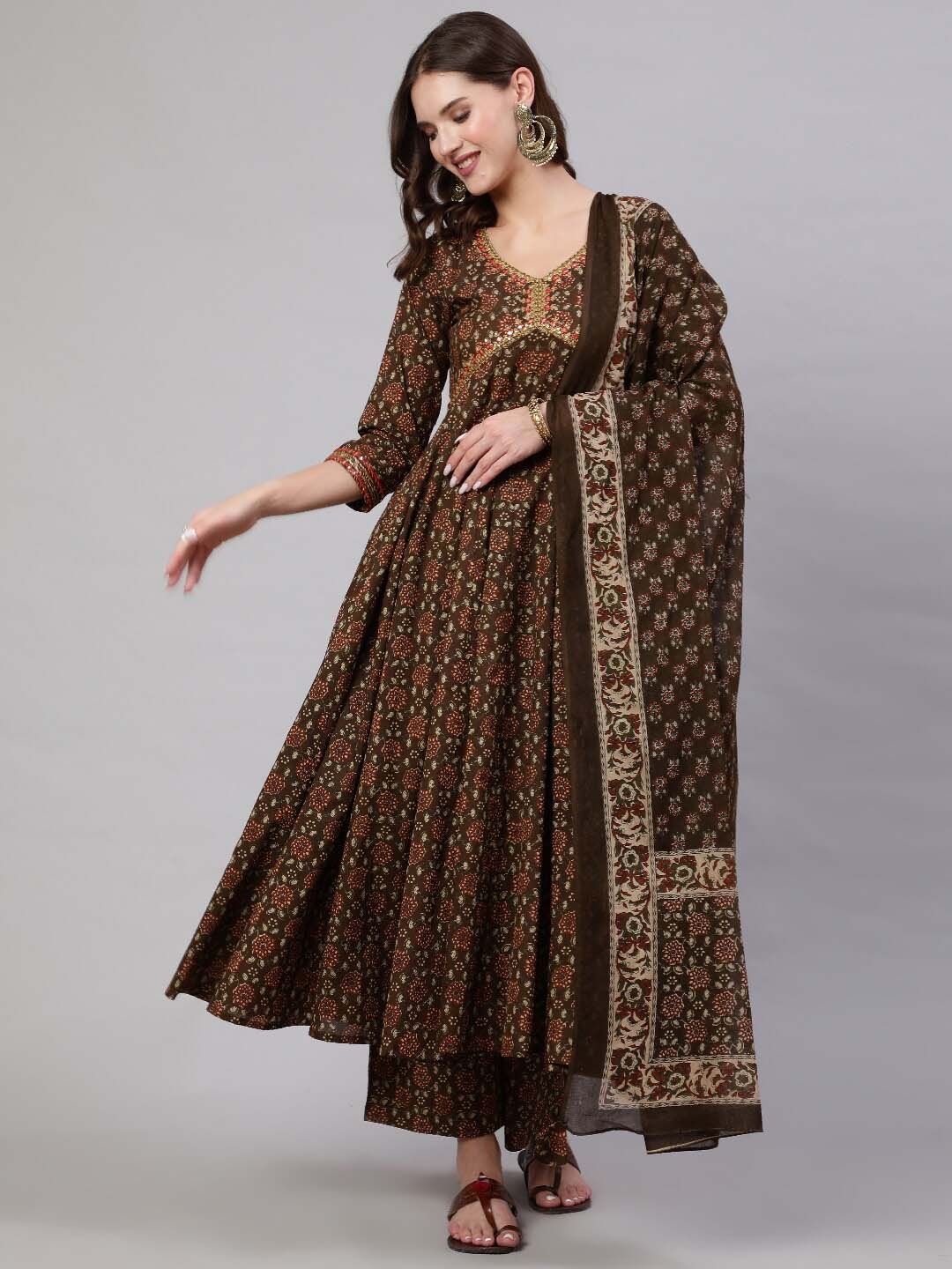 

NISHABD Floral Printed Empire Anarkali Sequinned Pure Cotton Kurta With Palazzos & Dupatta, Brown