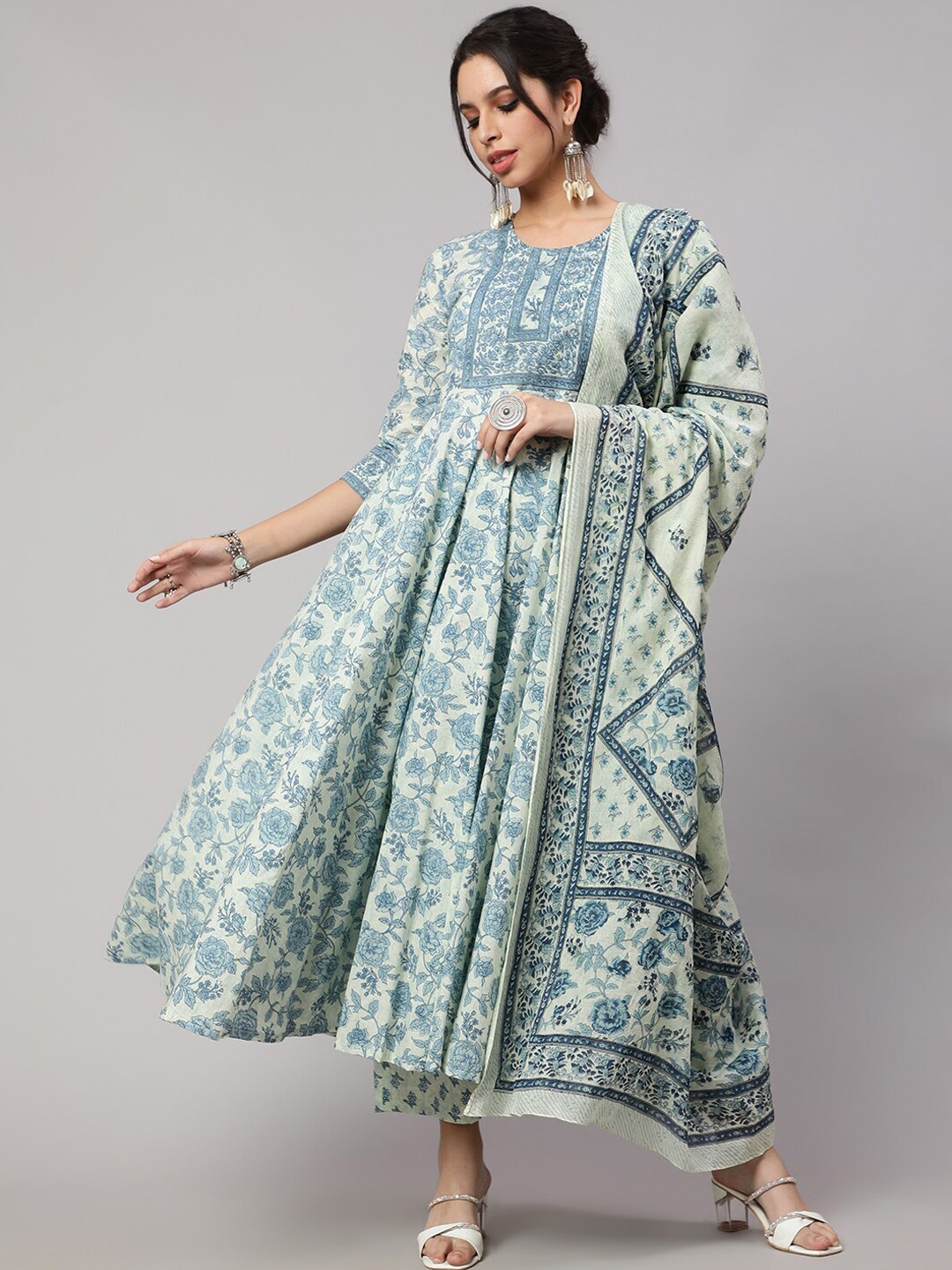 

NISHABD Floral Printed Anarkali Pure Cotton Kurta With Palazzos & Dupatta, Blue