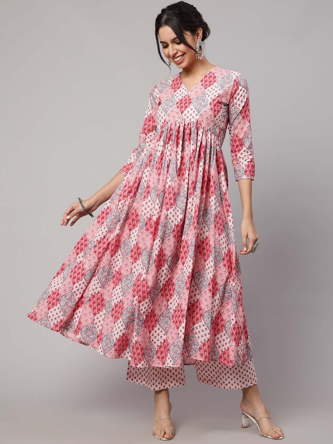 

NISHABD Ethnic Motifs Printed Anarkali Pure Cotton Kurta With Palazzos, Pink