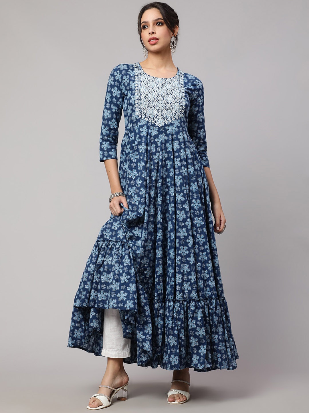 

NISHABD Floral Printed Sequinned Pure Cotton Anarkali Kurta, Blue