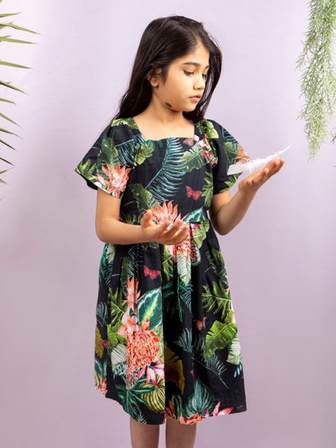 

THEONI Girls Tropical Printed Fit & Flare Midi Dress, Black