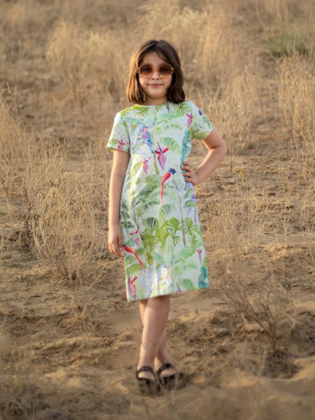 

THEONI Girls Floral Printed Linen A-Line Dress, Green