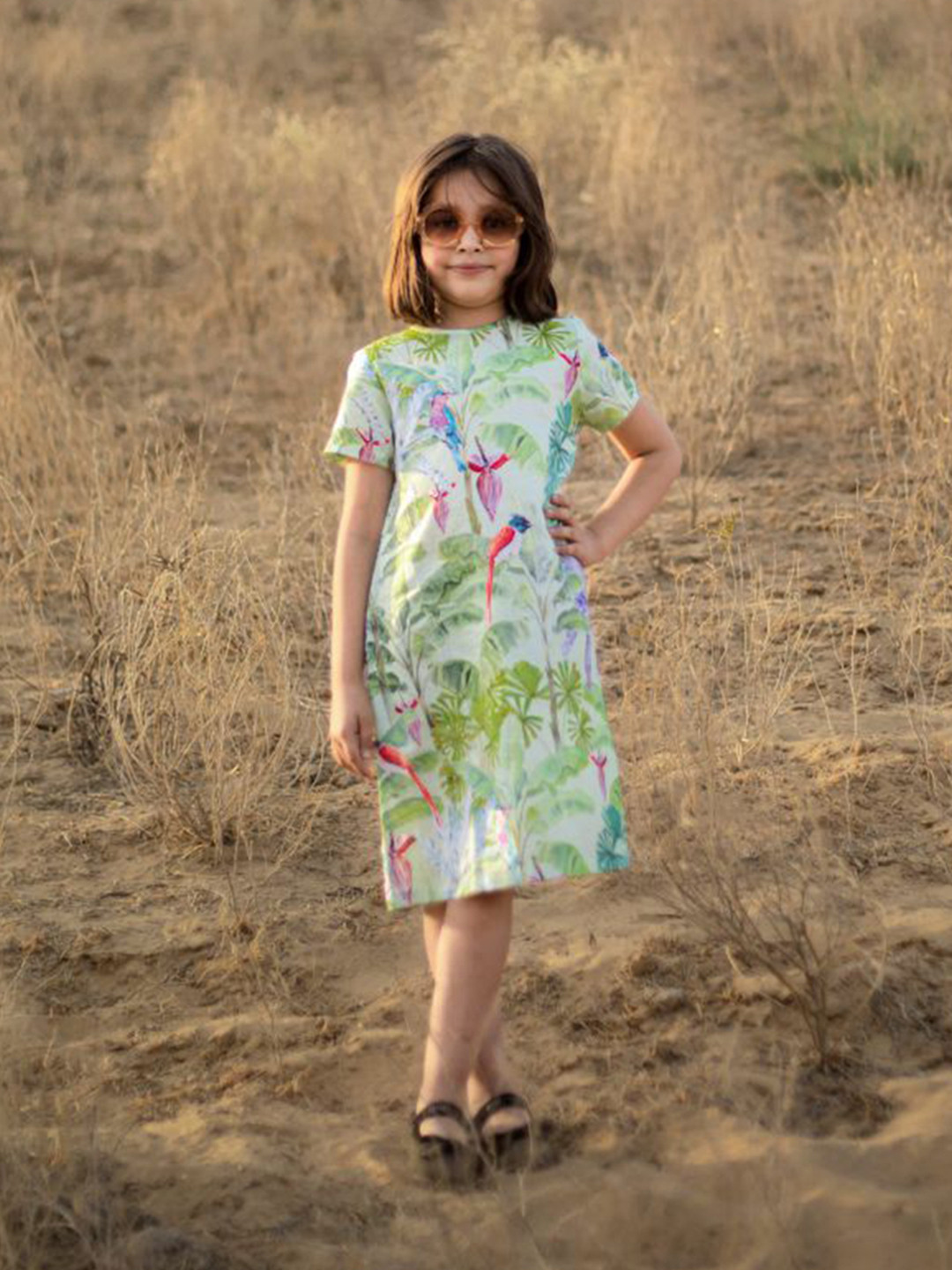 

THEONI Green Floral Print Linen A-Line Dress