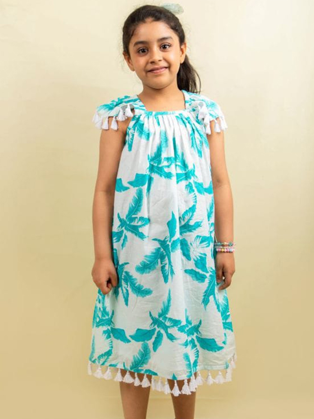

THEONI Girls Tropical Printed Flutter Sleeves Pom-Pom Cotton A-Line Dress, Turquoise blue