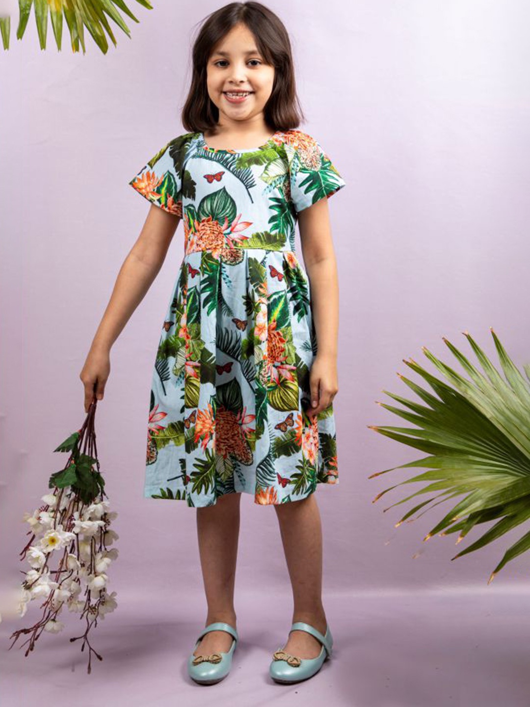 

THEONI Floral Printed Linen A-line Dress, Blue