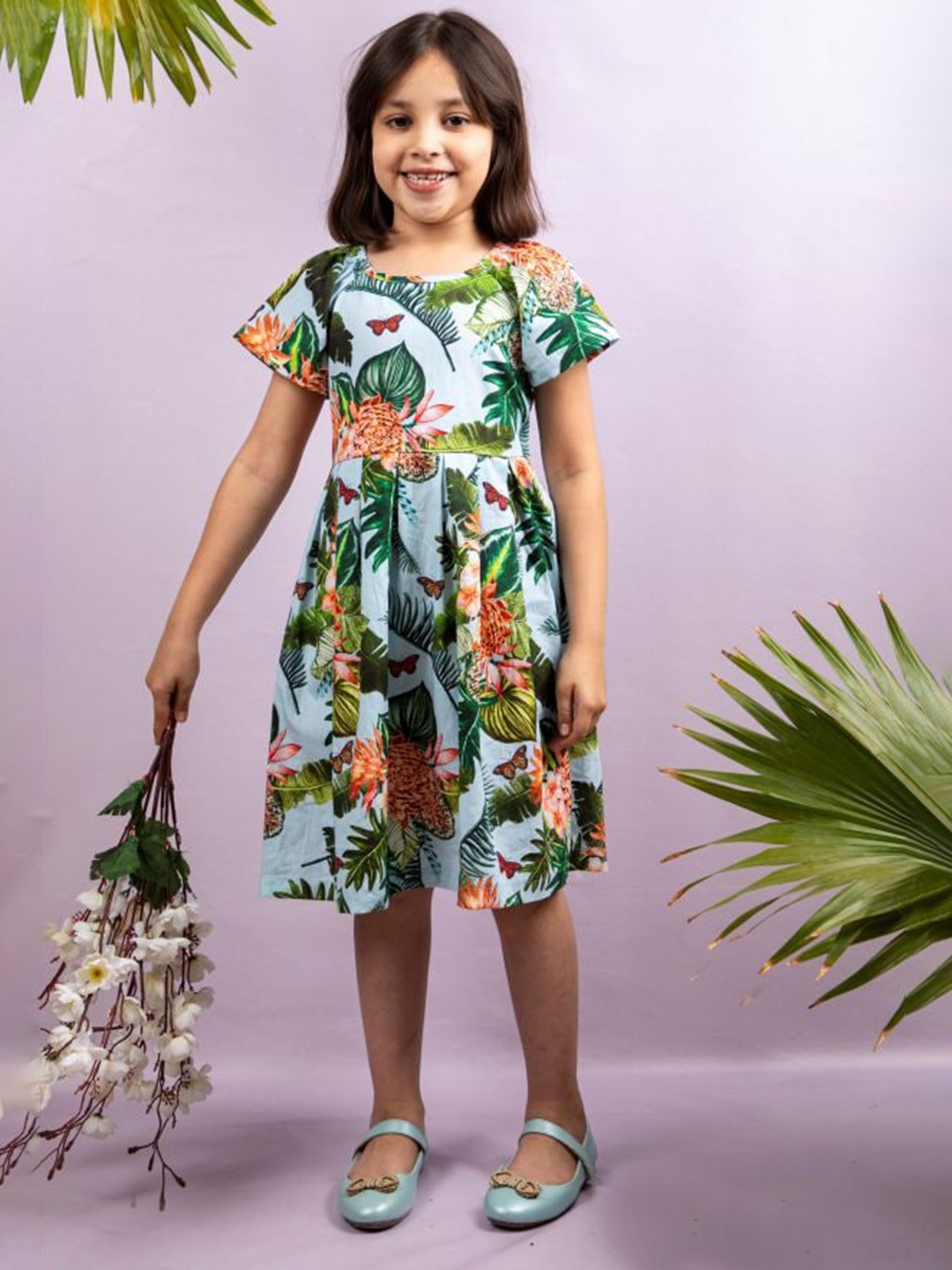 

THEONI Girls Tropical Printed Pleated Detailed Cotton Fit & Flare Dress, Blue