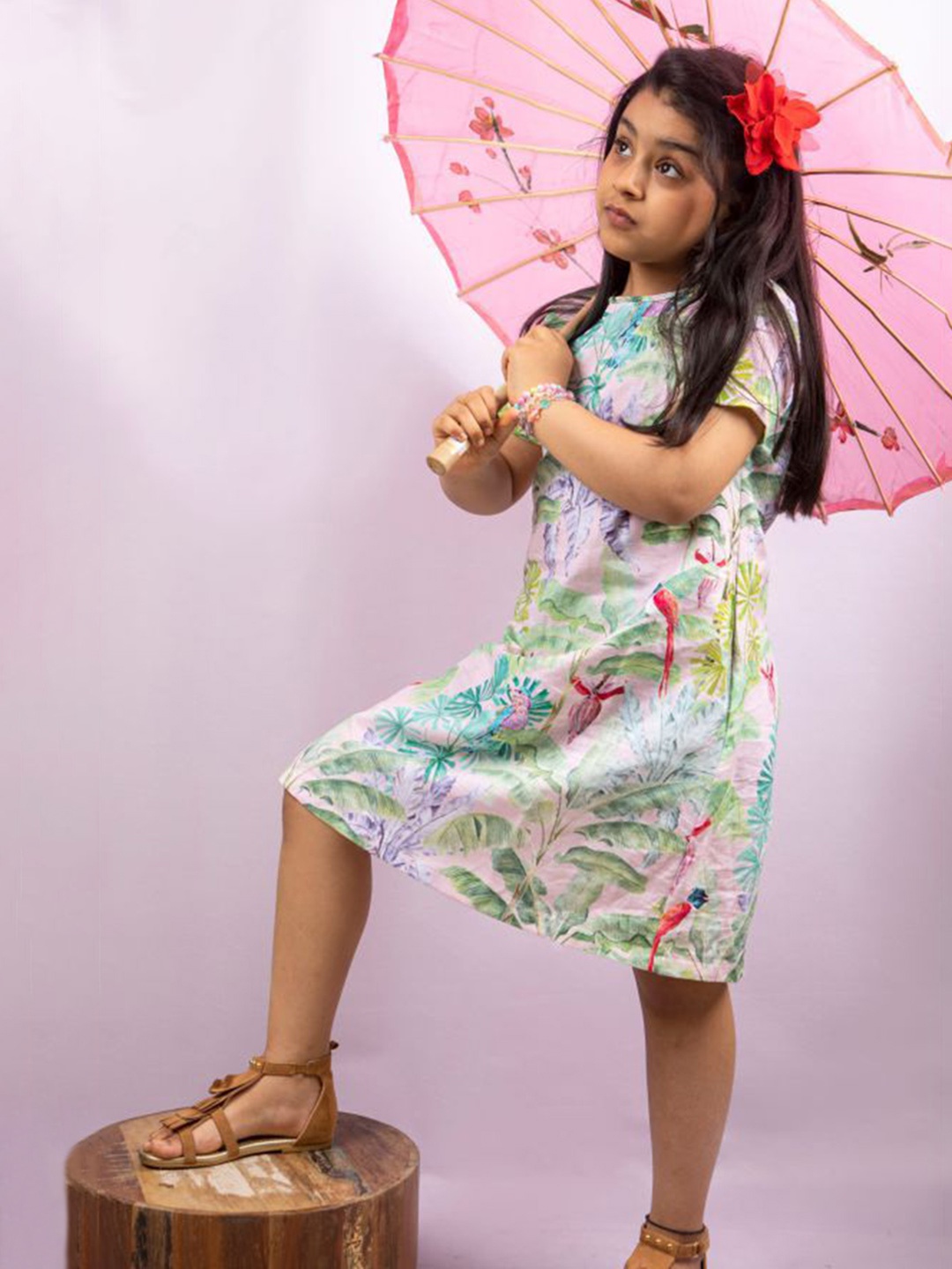 

THEONI Girls Tropical Printed Linen A-Line Dress, Pink