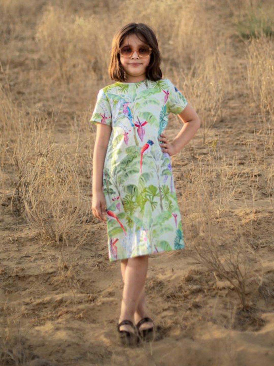 

THEONI Girls Tropical Printed Linen A-Line Dress, Green