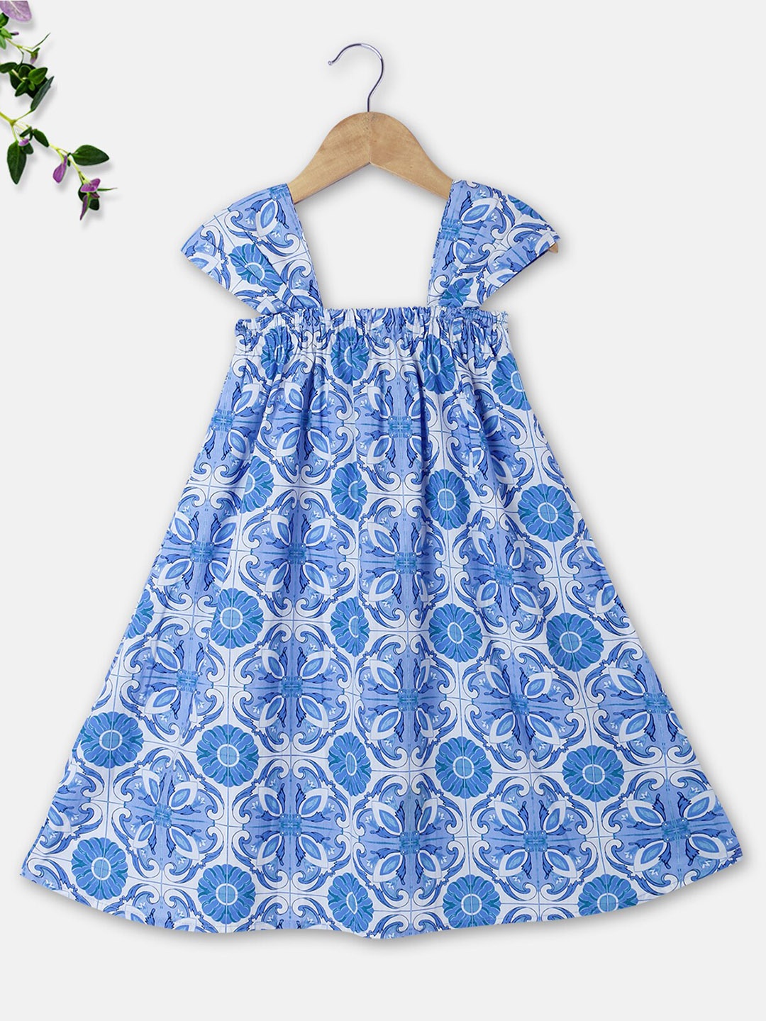 

THEONI Girls Ethnic Motifs Printed Flutter Sleeves Organic Cotton A-Line Dress, Blue