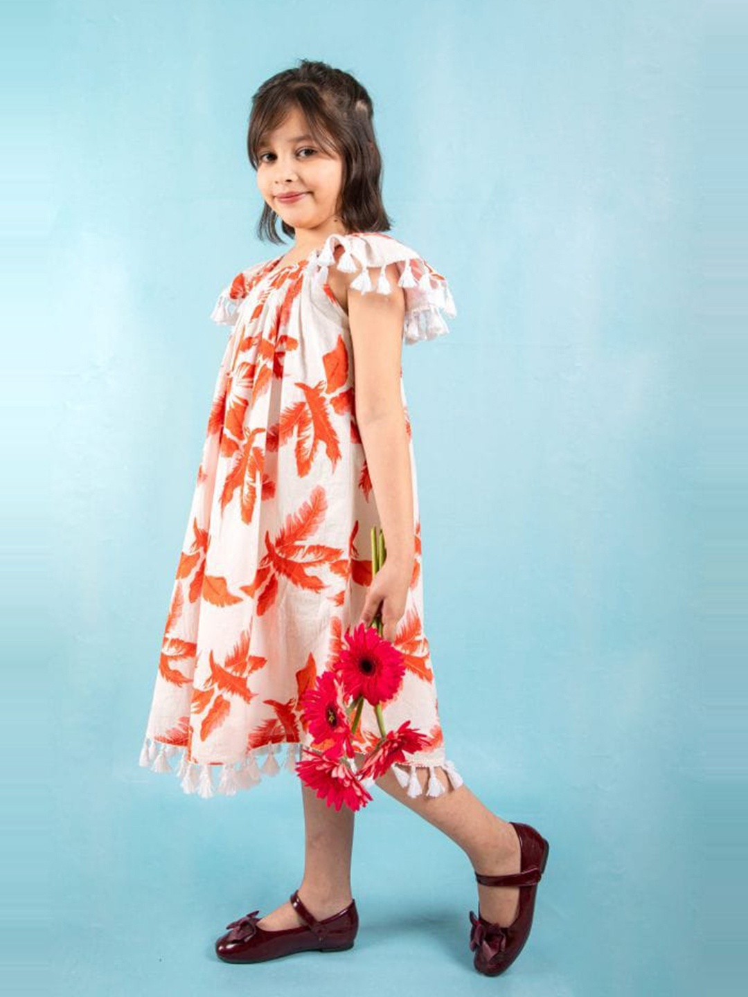 

THEONI Girls Floral Printed Flutter Sleeves Tasselled Gathered Cotton A-Line Midi Dress, Orange
