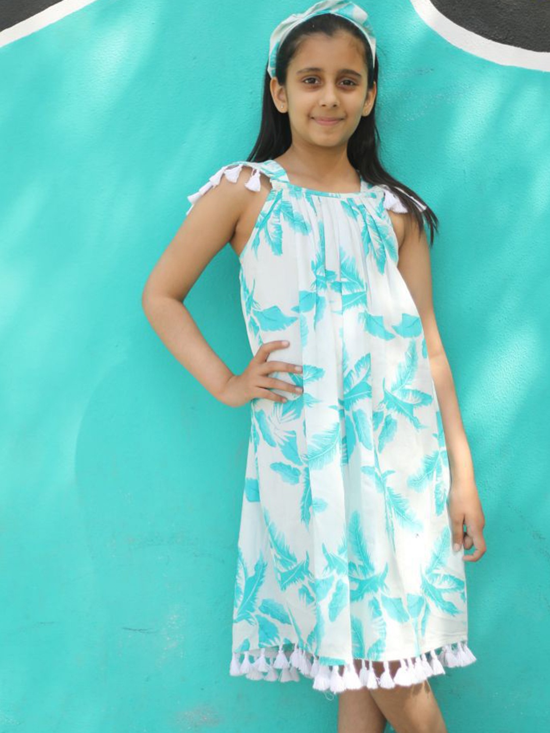 

THEONI Girls Tropical Printed Flutter Sleeves Pom-Pom Cotton A-Line Dress, Turquoise blue