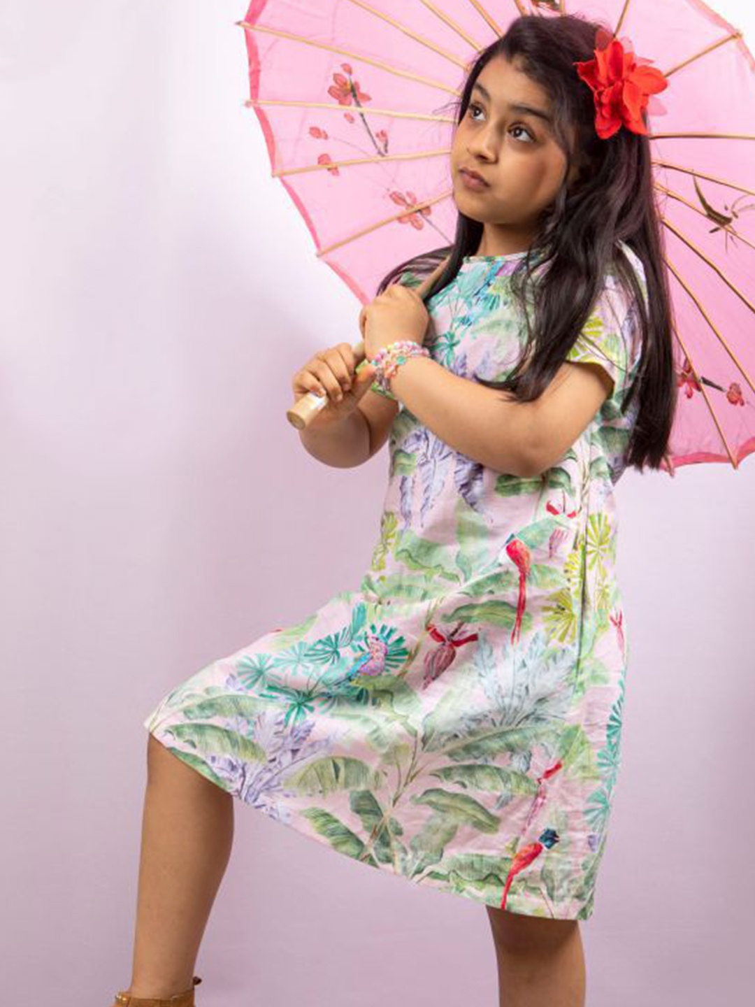 

THEONI Girls Tropical Printed Linen Dress, Pink