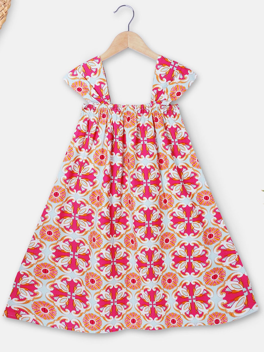 

THEONI Girls Ethnic Motifs Printed Square Neck Flared Sleeves Organic Cotton Maxi Dress, Pink