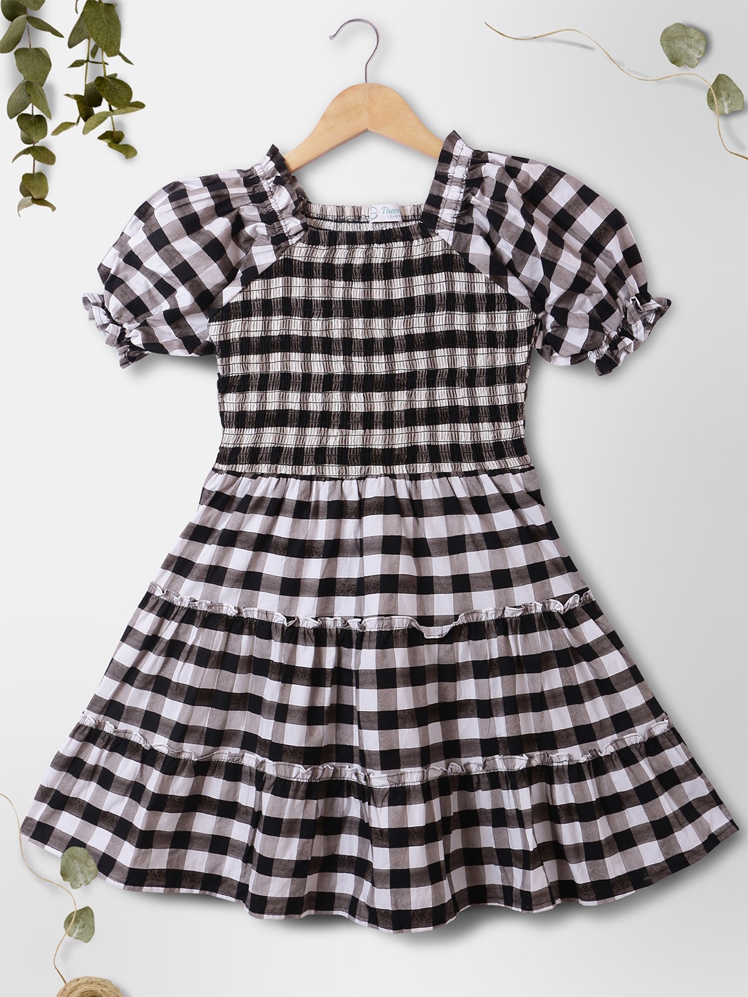 

THEONI Girls Checked Smocked Organic Cotton Tiered Fit & Flare Dress, Black