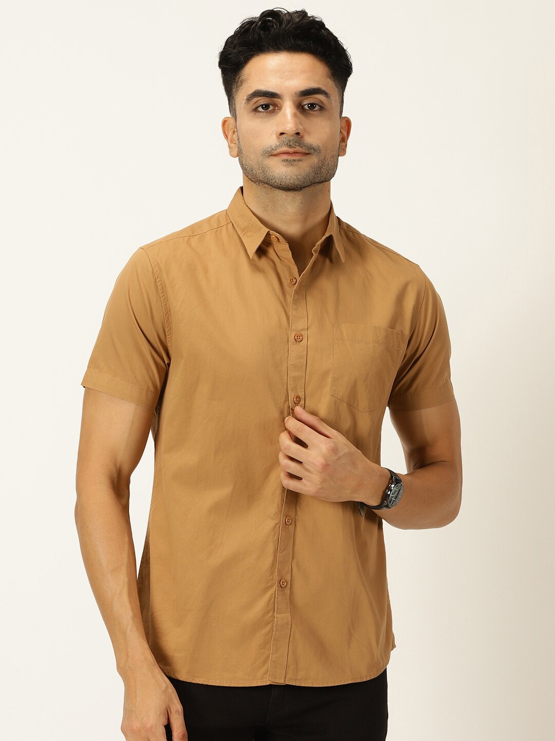 

HERE&NOW Classic Slim Fit Opaque Pure Cotton Casual Shirt, Khaki