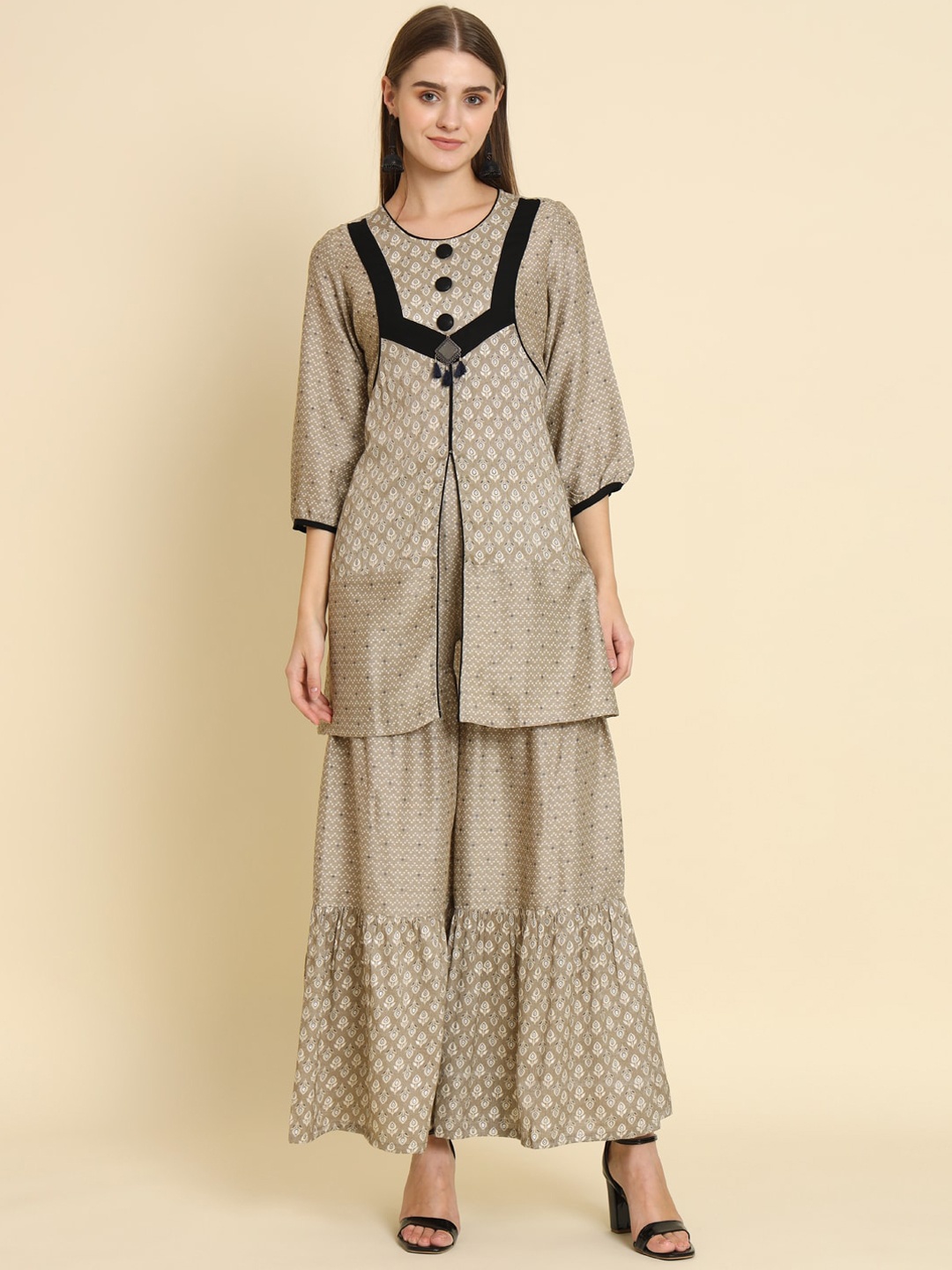 

MADHURAM Ethnic Motifs Printed High Slit Kurti with Sharara, Khaki