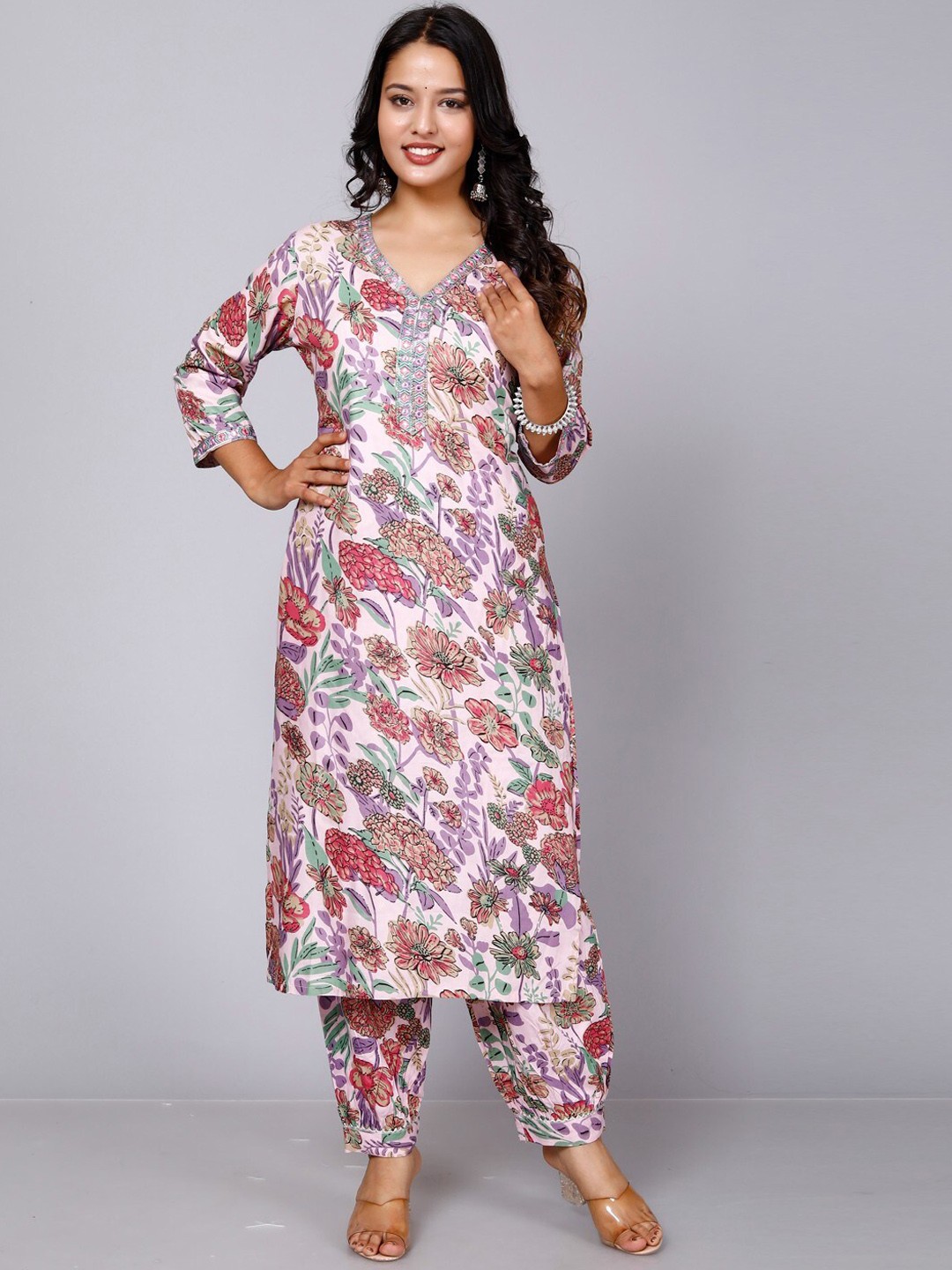 

Miramaar Floral Printed Thread Work Straight Kurta With Salwar, Purple