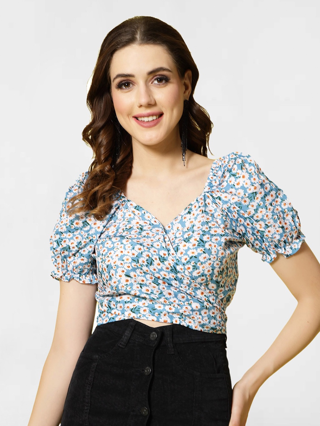 

Selvia Floral Printed Puff Sleeve Wrap Crop Top, Turquoise blue