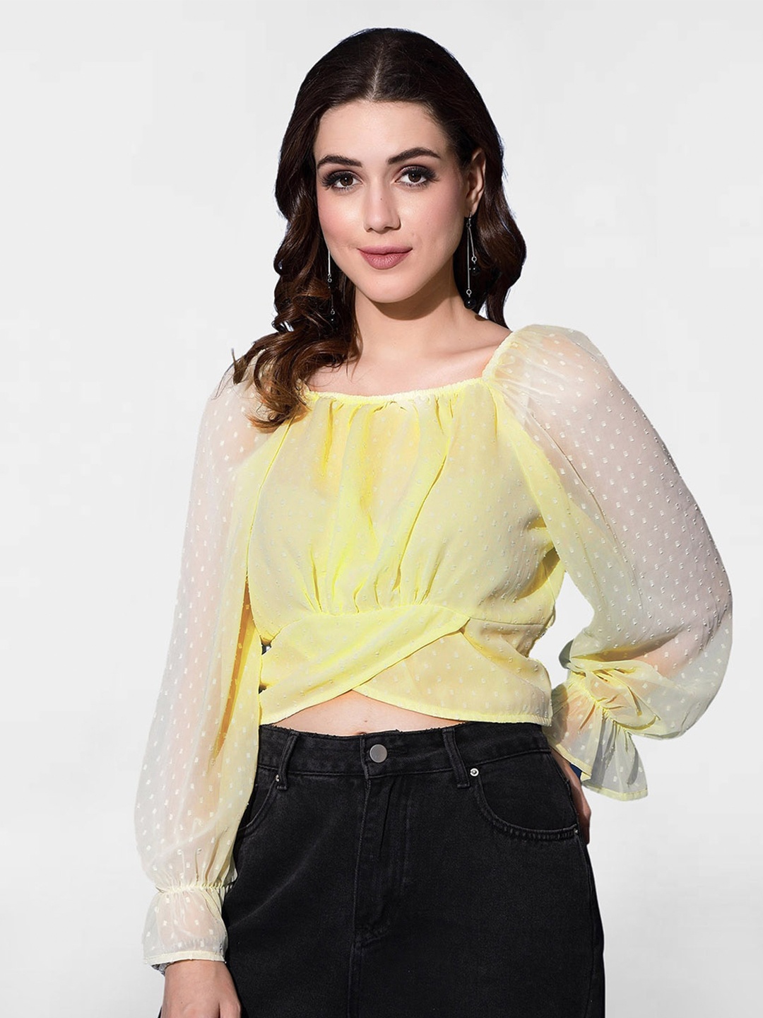 

Selvia Self Design Bishop Sleeves Smocked Crop Regular Top, Yellow