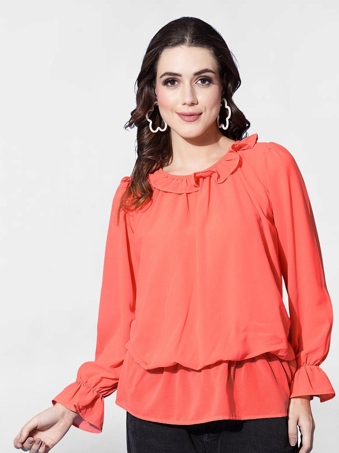 

Selvia Ruffle Detail Bell Sleeve Regular Top, Orange