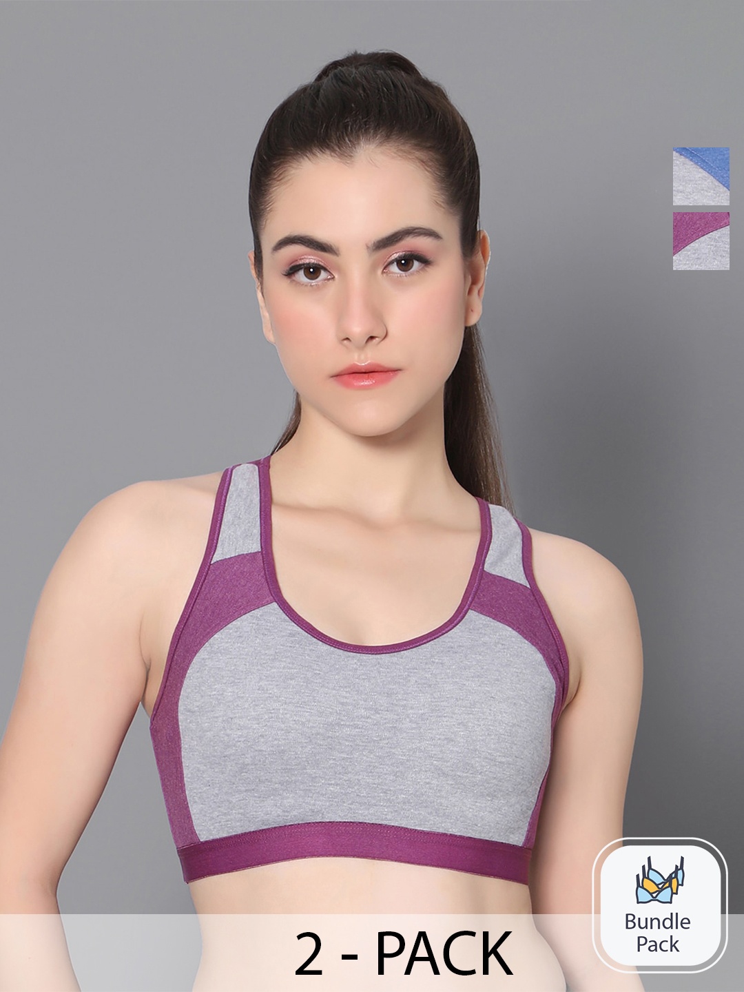 

True Shape Pack Of 2 Colourblocked Full Coverage Non Padded Sports Bra With Anti Microbial, Purple