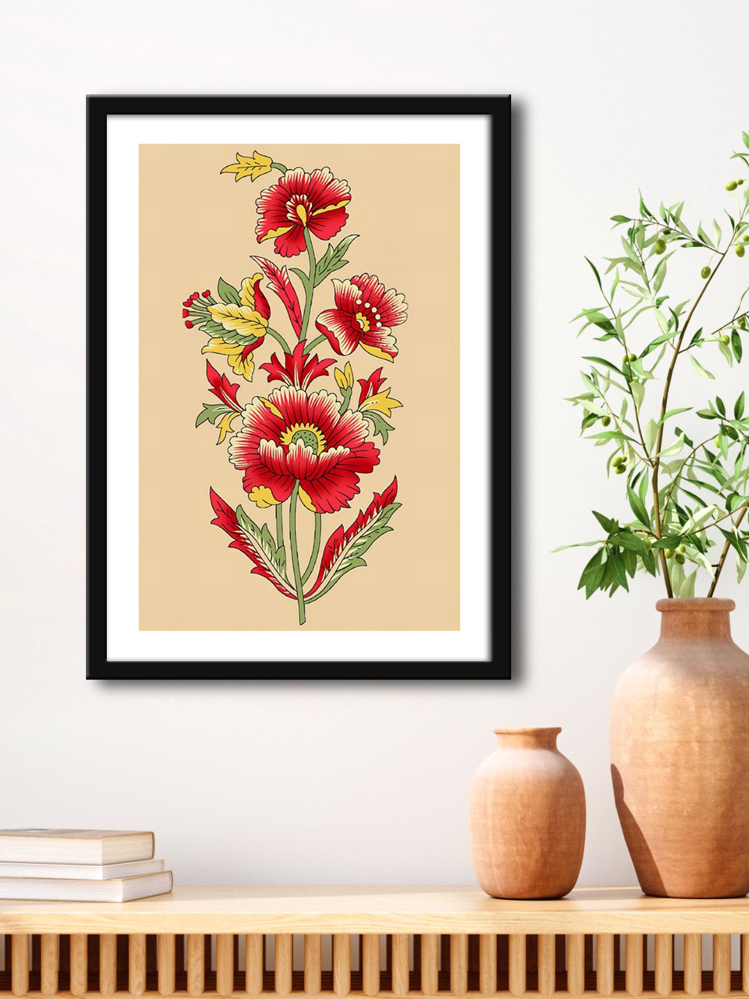 

999Store Tan Colored & Black Mughal Flower Modern Art Painting Framed Wall Art