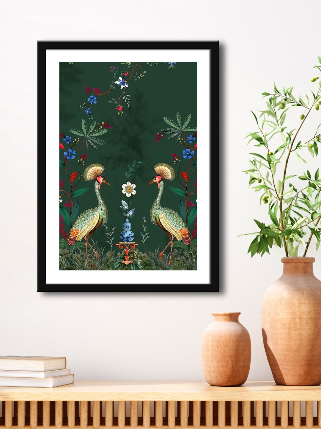 

999Store Green & Black Flower With Leaf And Peacock Painting Framed Wall Art