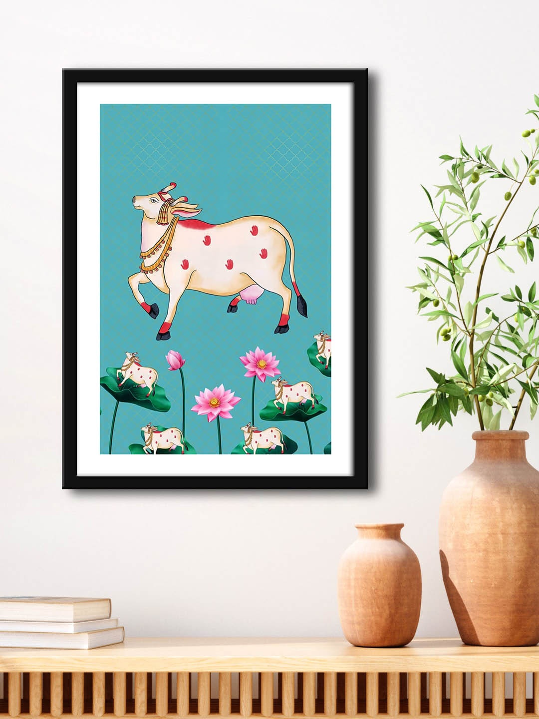 

999Store Teal Green & Black Cow With Flower Painting Framed Wall Art