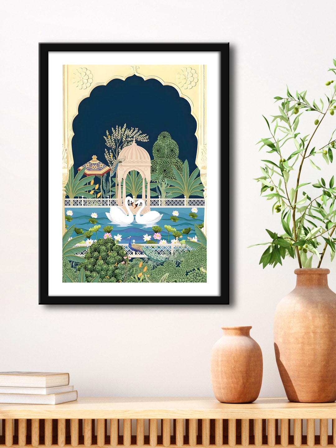 

999Store Green & Cream-Coloured Mughal Garden Lake Painting Framed Wall Art