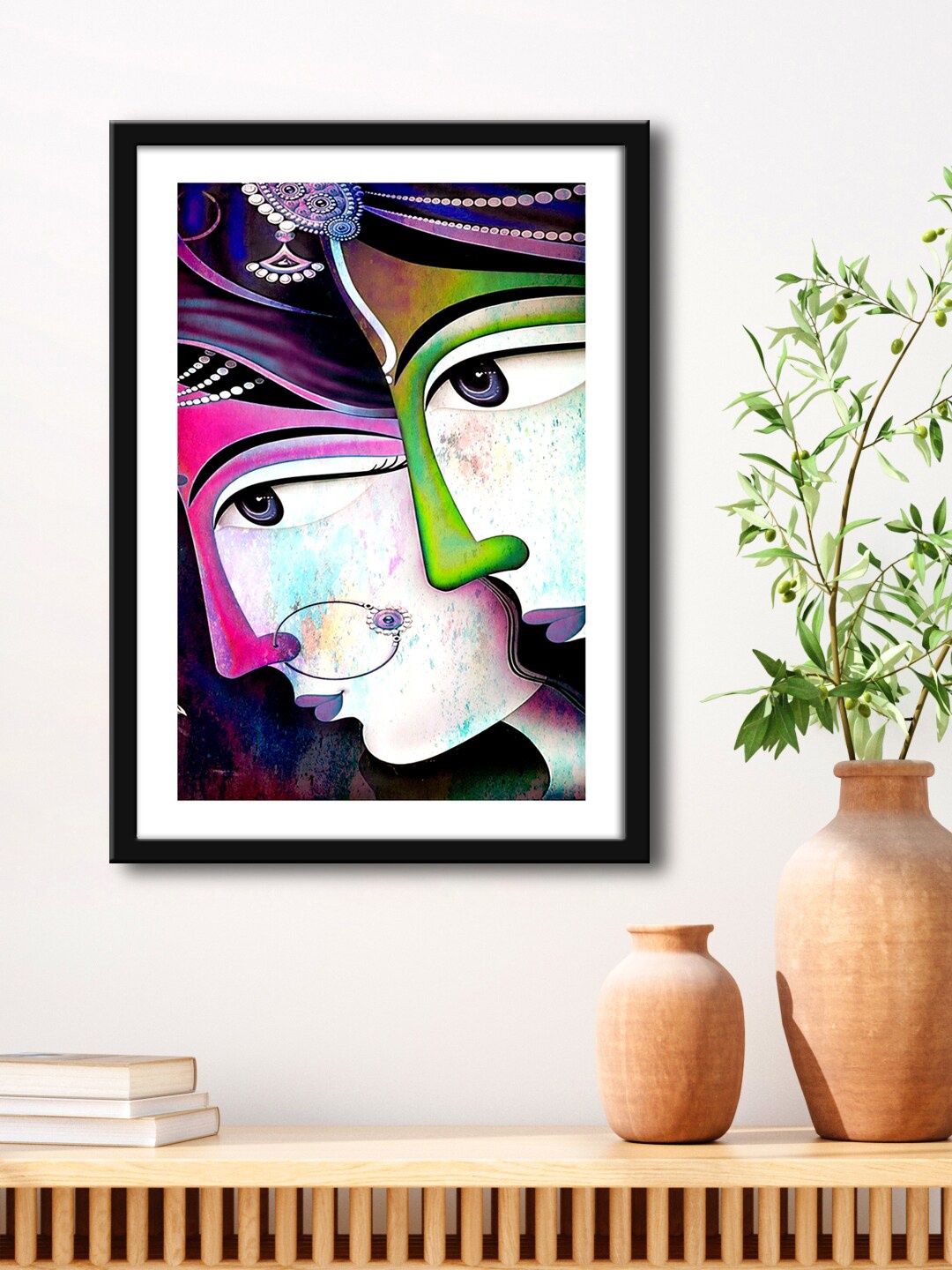 

999Store Green & Black Radha Krishna Face Modern Painting Framed Wall Art, Pink