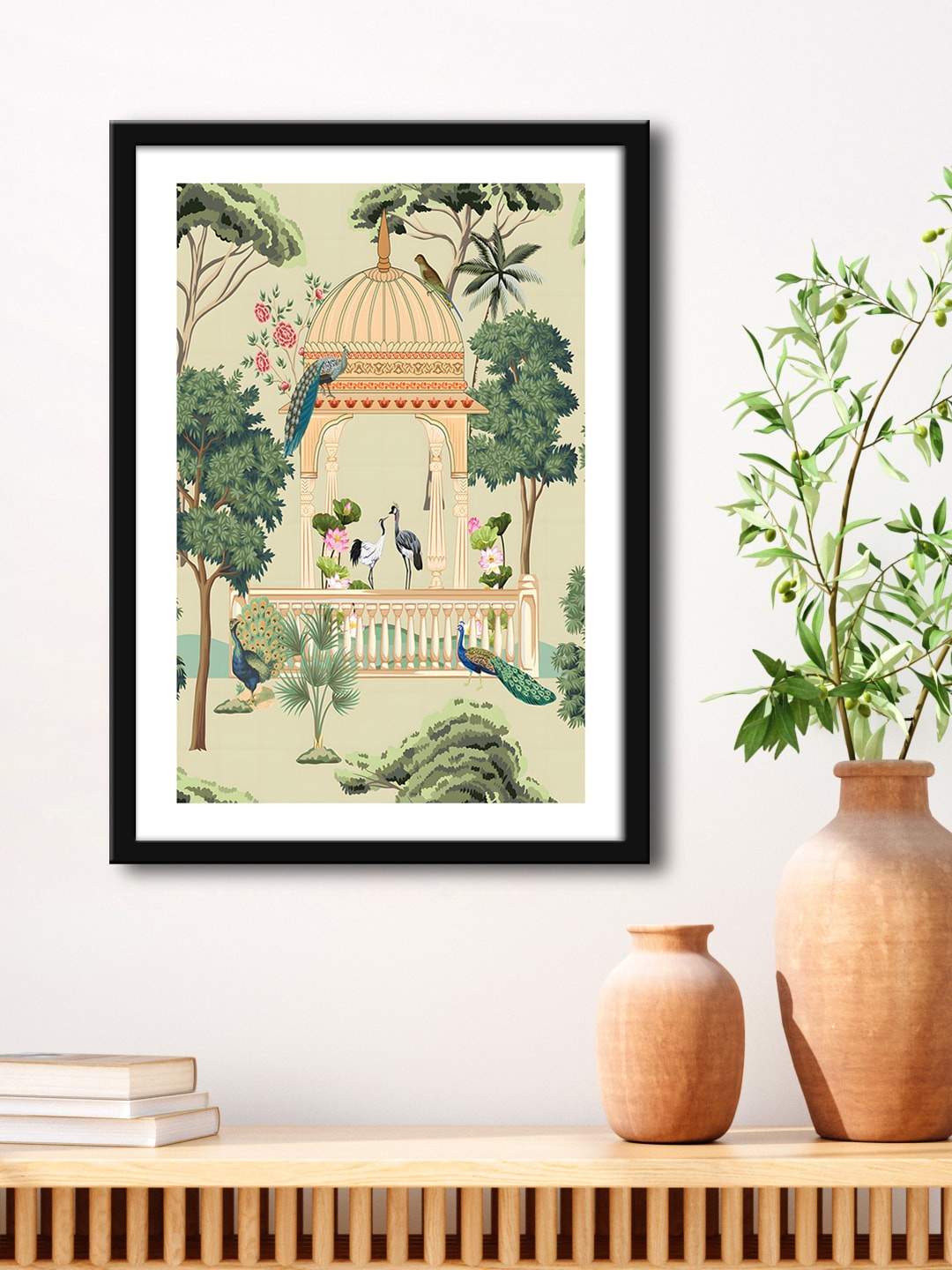 

999Store Green & Black Mughal Garden With Birds Sitting Painting Framed Wall Art