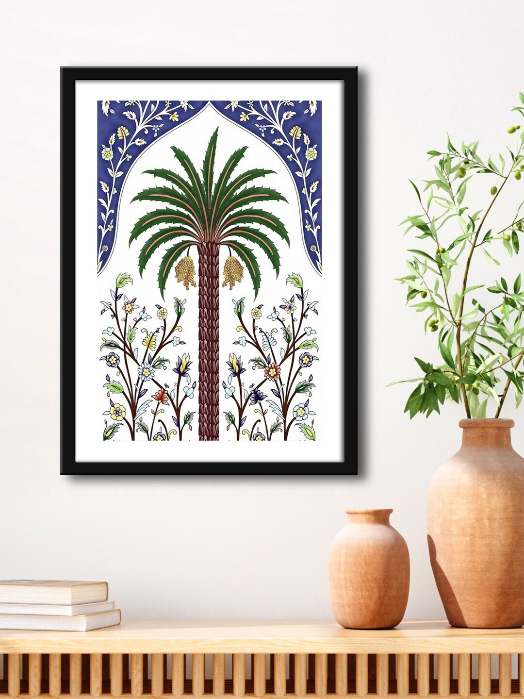 

999Store White & Green Persian Palm Tree Tile Painting Framed Wall Art