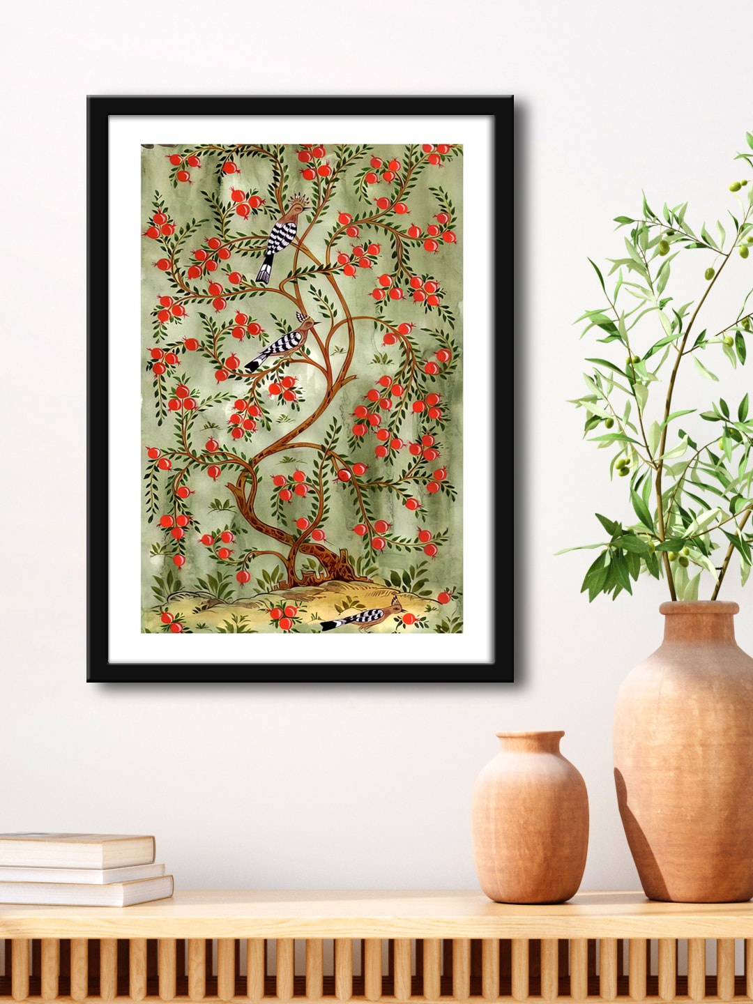 

999Store Green & Red Pomegranate Flower With Bird Painting Framed Wall Art