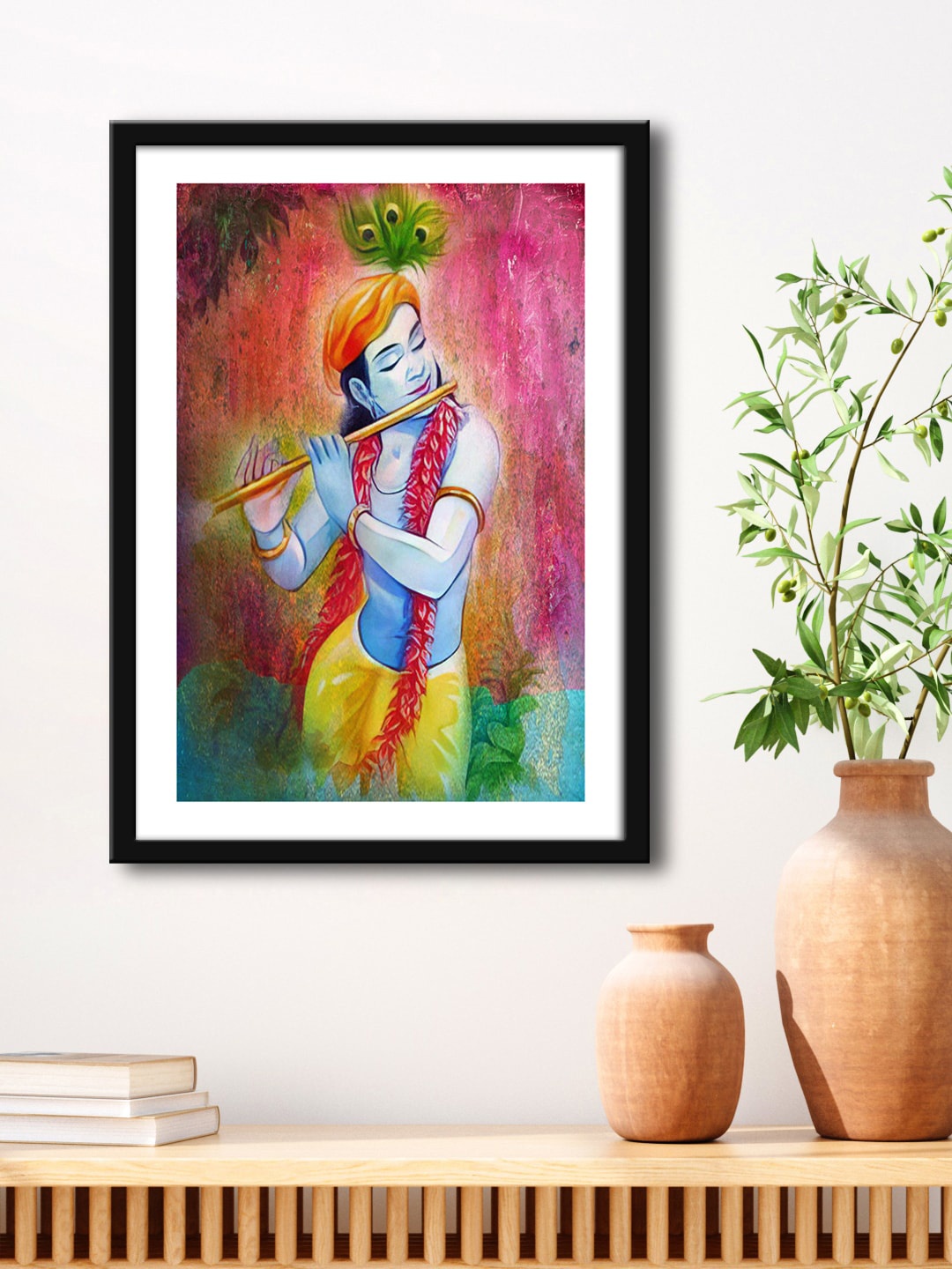 

999Store Red & Black Lord Krishna Playing Flute Painting Framed Wall Art